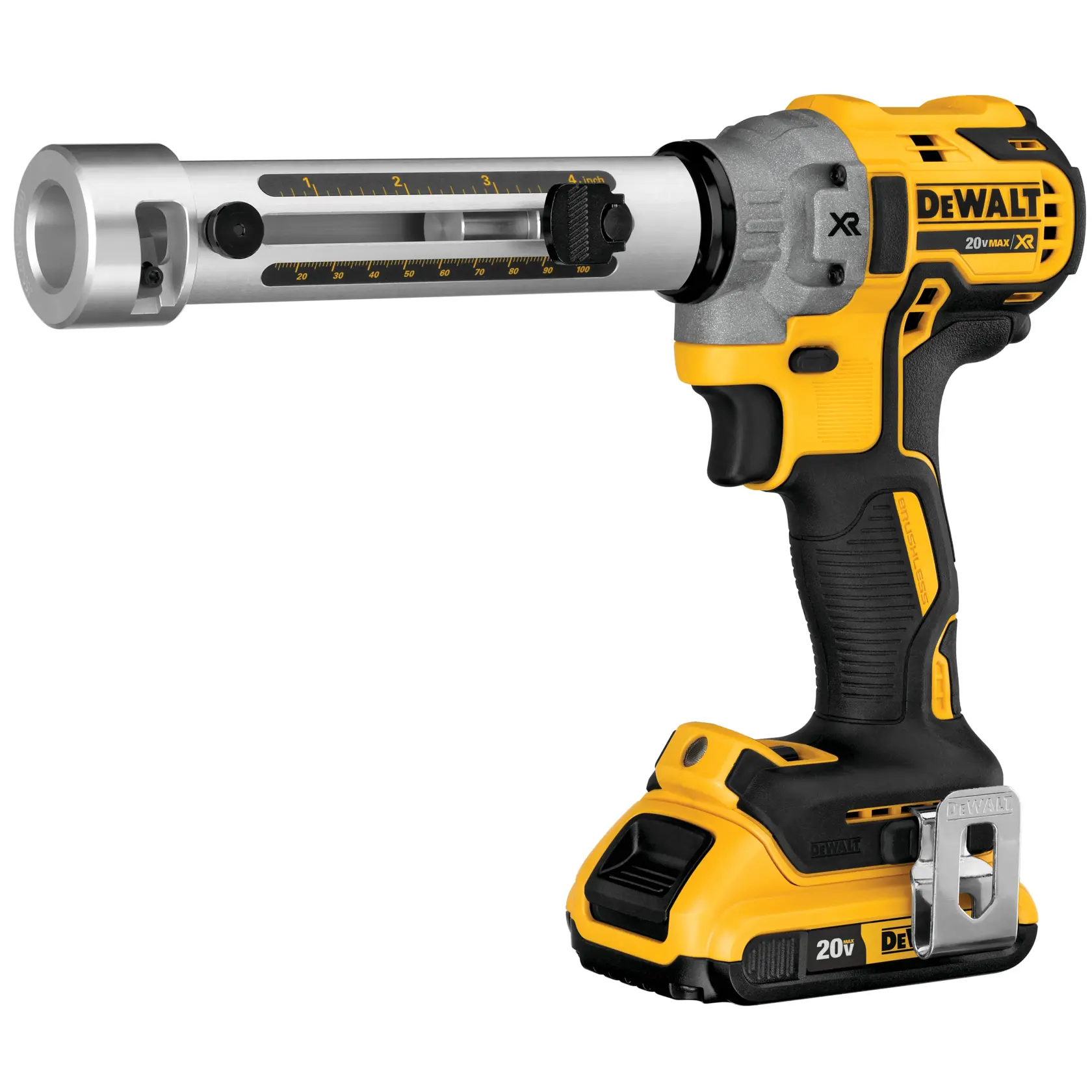 A DEWALT 20V XR cordless cable cutter tool with a yellow and black body. The tool features a metal cutting head with measurement markings, a comfortable handle, and a rechargeable battery attached at the base.