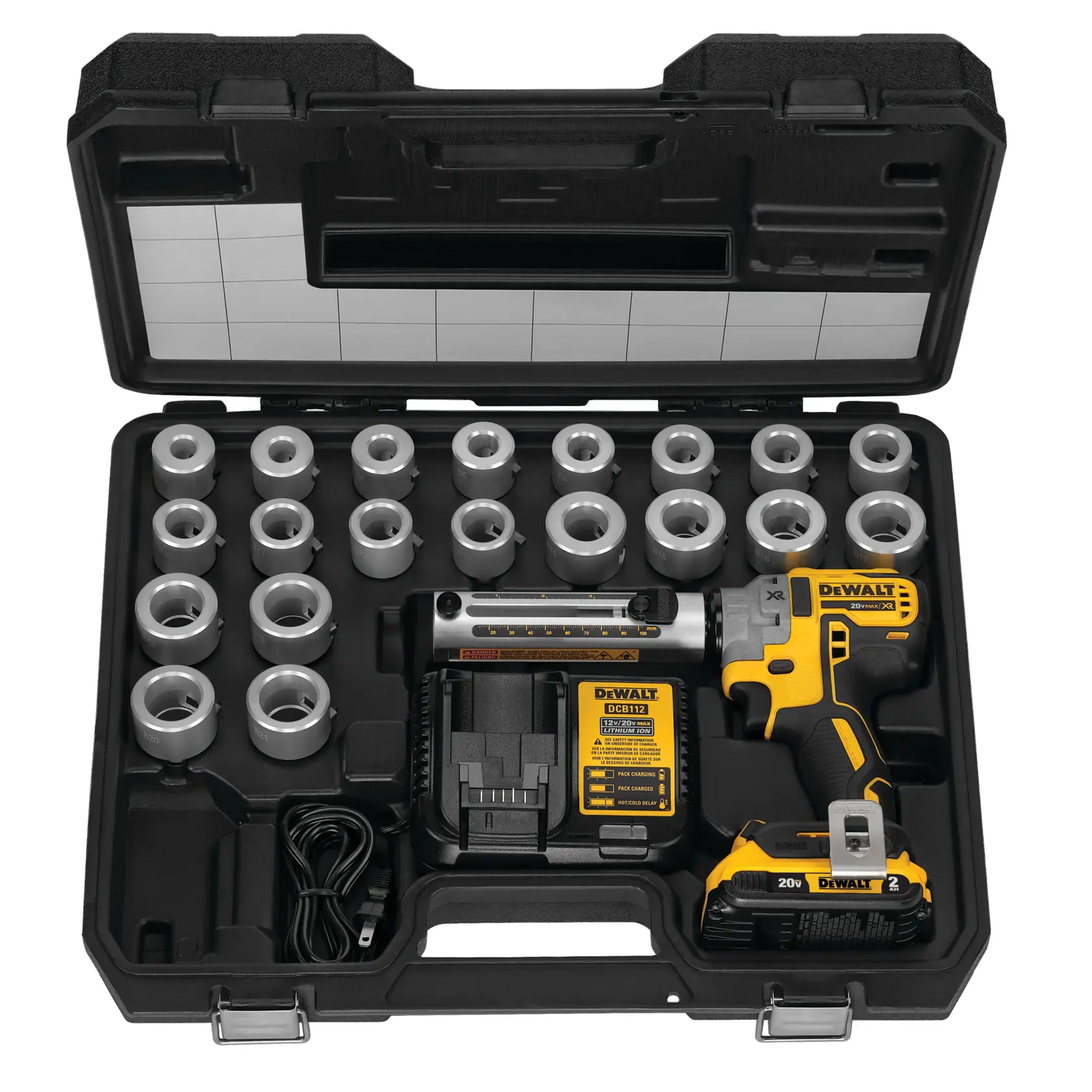 A DEWALT 20V Max XR cordless cable stripper tool with yellow and black design, featuring a measurement guide and adjustment knob on the metal stripping arm.