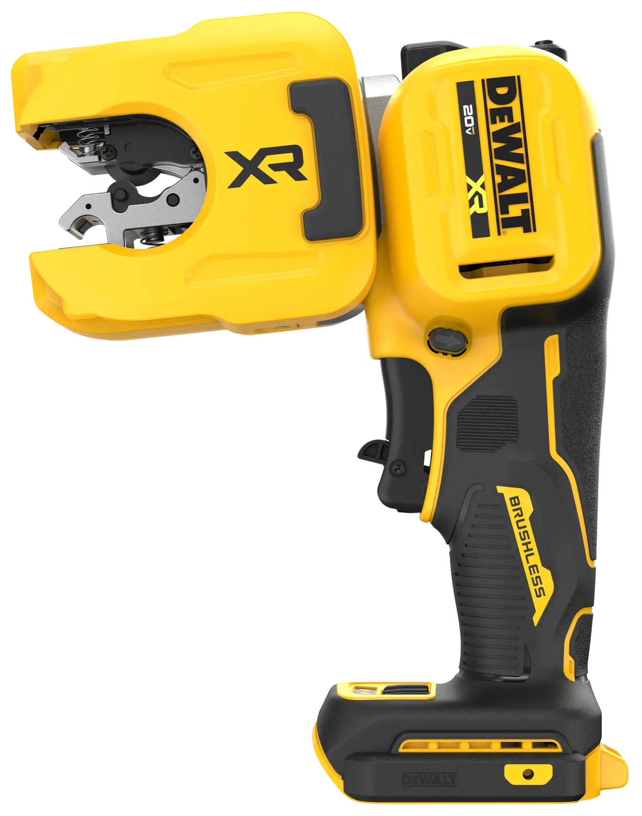 A DEWALT 20V XR cordless brushless cable cutter tool, shown in a yellow and black color scheme with ergonomic handle and jaw designed for cutting cables.