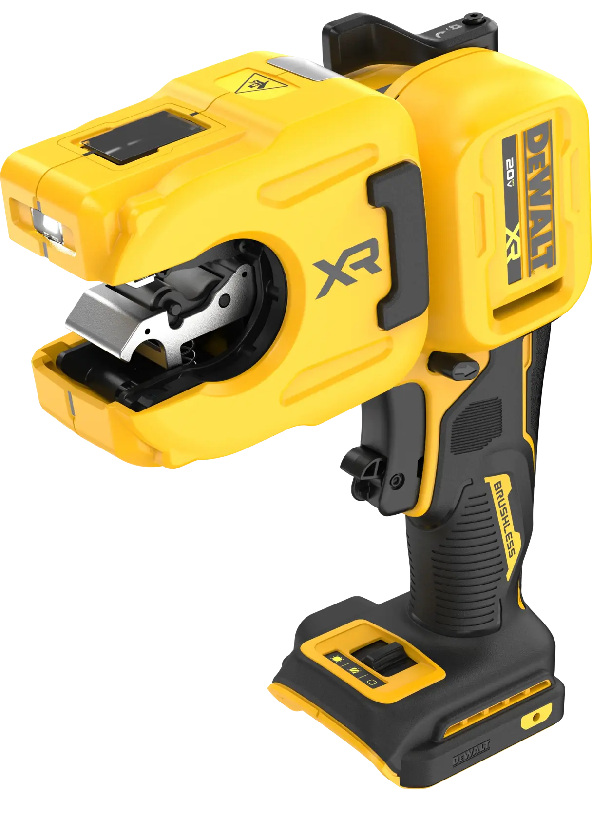A DEWALT brand cordless cable cutter tool in yellow and black, designed for cutting thick cables. The tool features a brushless motor, ergonomic handle, and visible cutting blades at the front. The DEWALT logo and XR branding are displayed on the side.