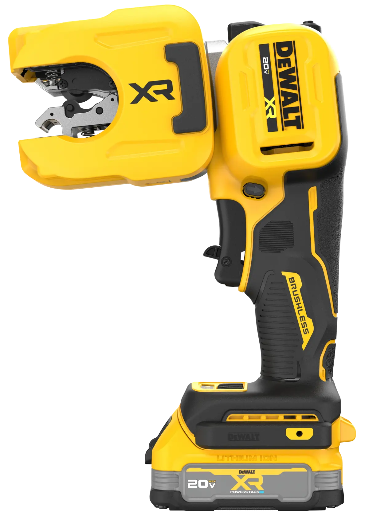 A DEWALT 20V XR cordless brushless cable crimper tool, primarily yellow and black, shown in an upright position. The tool has a large, open crimping head and a visible handle with textured grip. The DEWALT logo and XR markings are prominent on the body and battery.