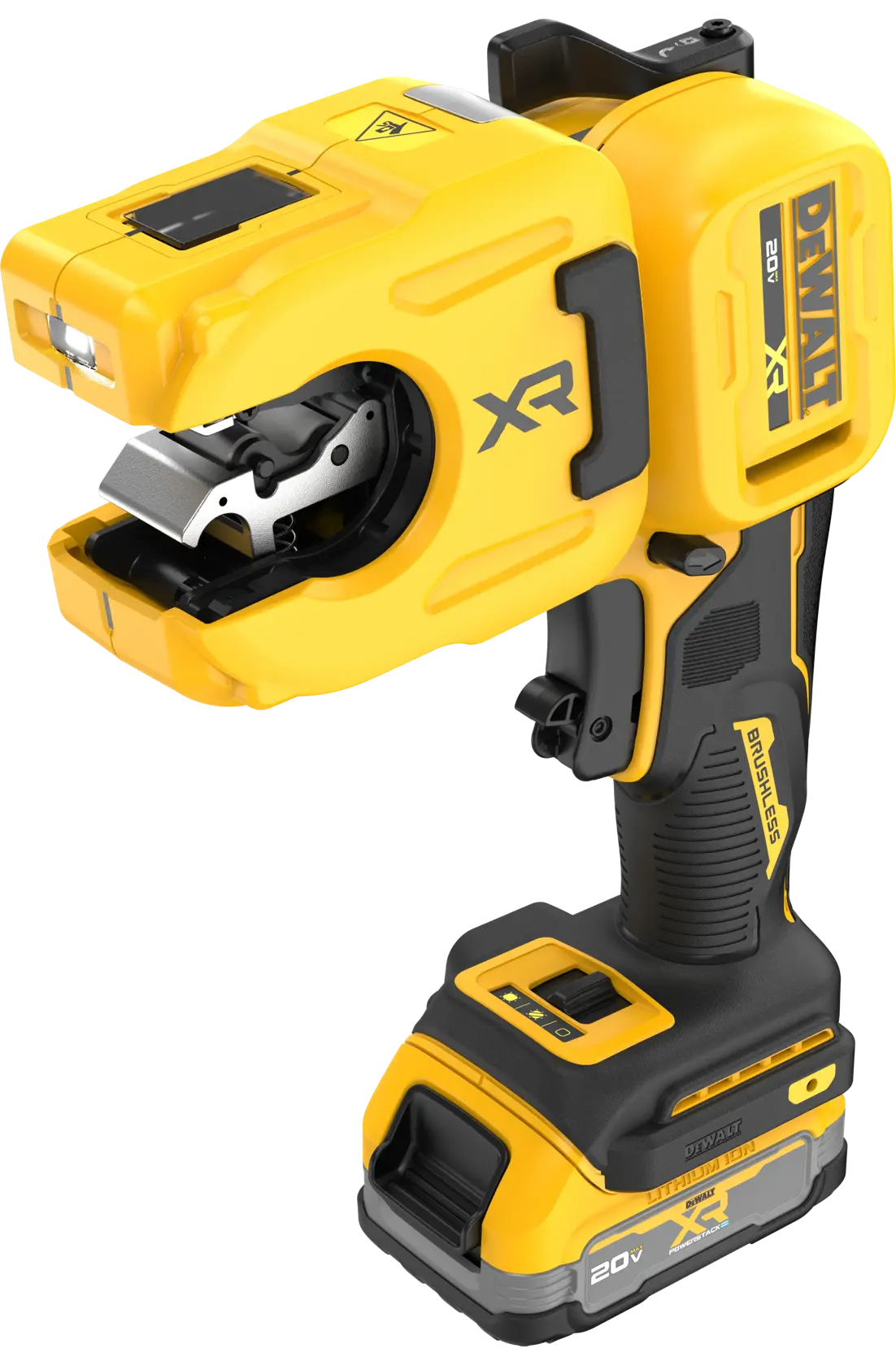 A DEWALT 20V XR battery-powered cable crimping tool with a yellow and black design, featuring a brushless motor and ergonomic handle.
