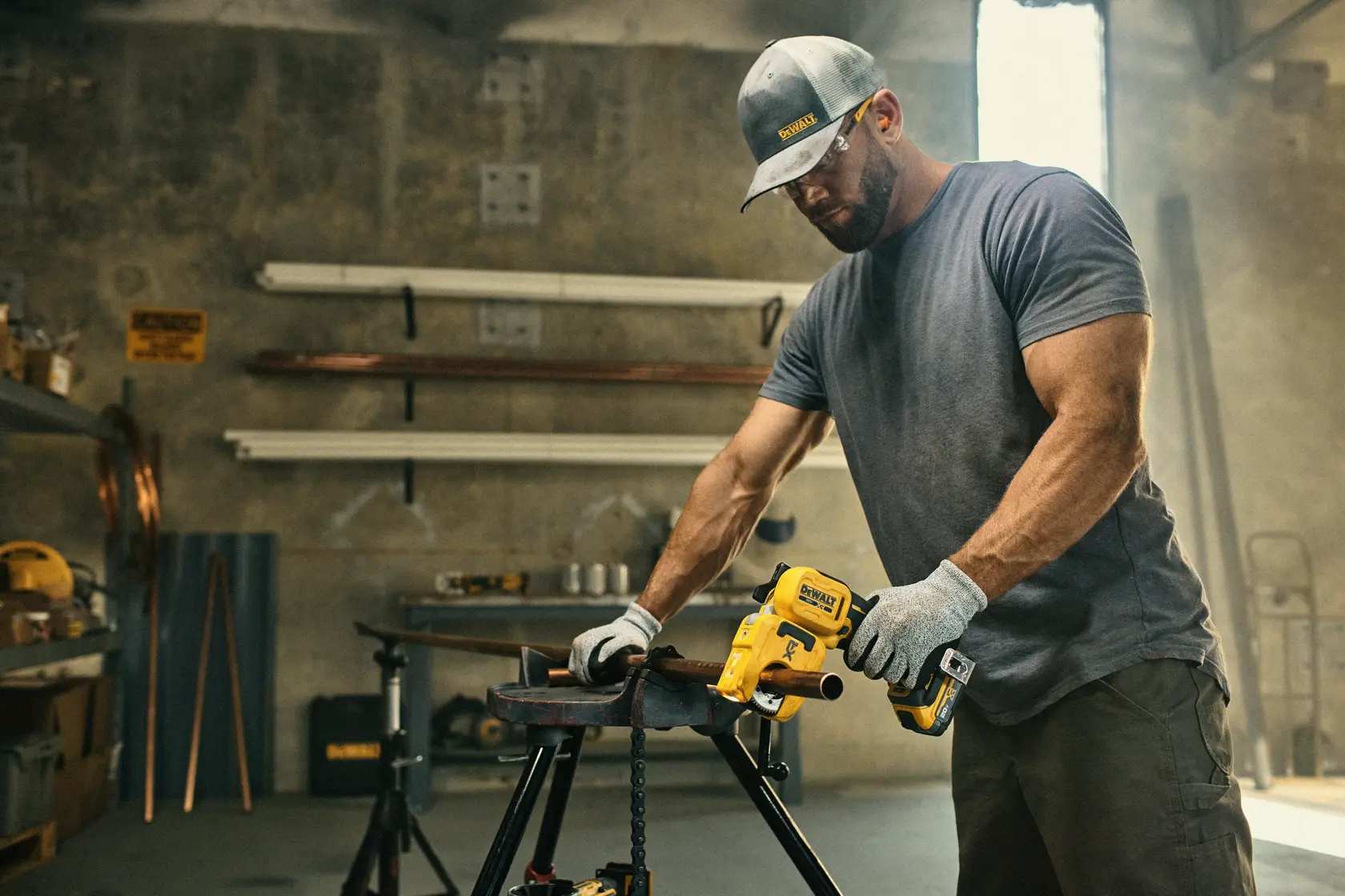 A person wearing gloves and a cap is using a DEWALT cordless pipe cutter to cut a metal pipe in an industrial workshop setting. The tool is yellow and black and features the DEWALT branding.