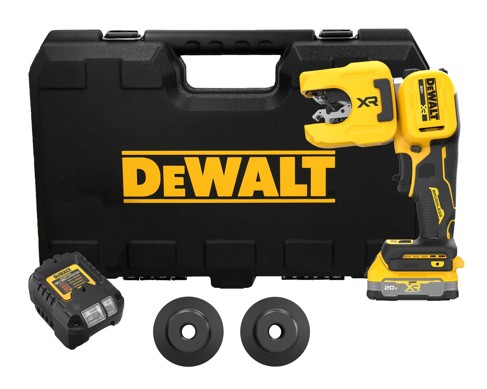A DEWALT branded portable tool kit, including a black and yellow cordless cutting tool, a charger, two circular cutting accessories, and a sturdy black carrying case with the DEWALT logo.