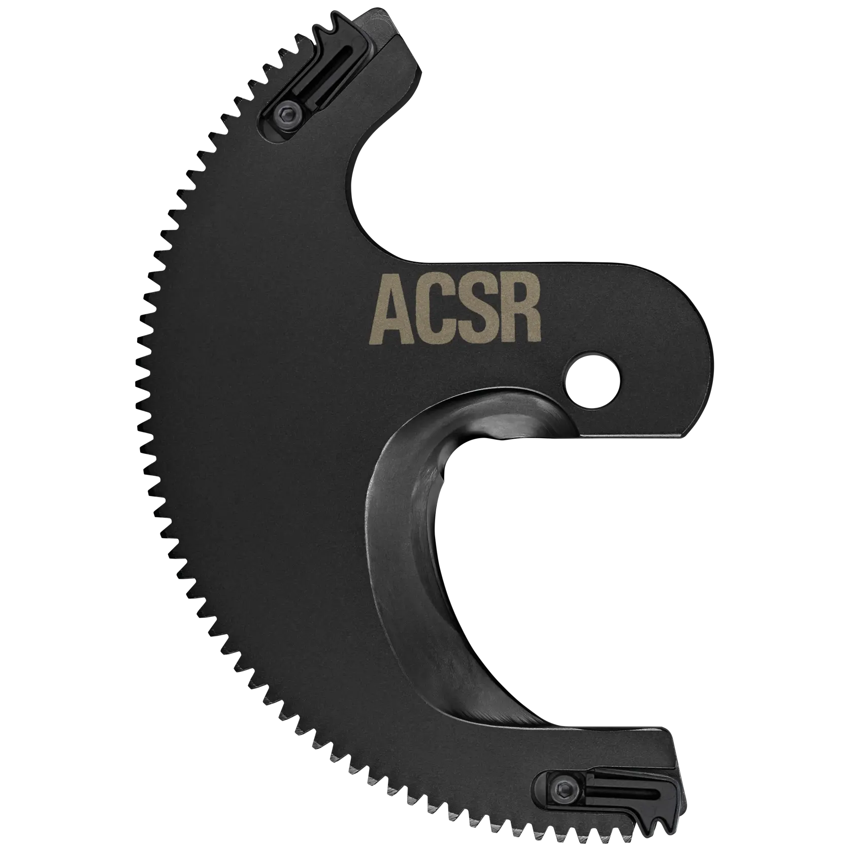 A close-up image of a DEWALT cutting blade attachment, labeled 'ACSR'. The blade features serrated edges and a design suitable for cutting wires or cables.