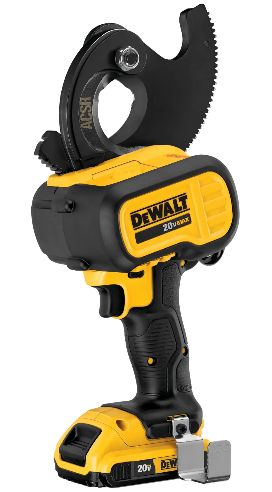 A yellow and black DEWALT 20V MAX cordless cable cutter tool with a large cutting jaw, designed for cutting electrical cables.