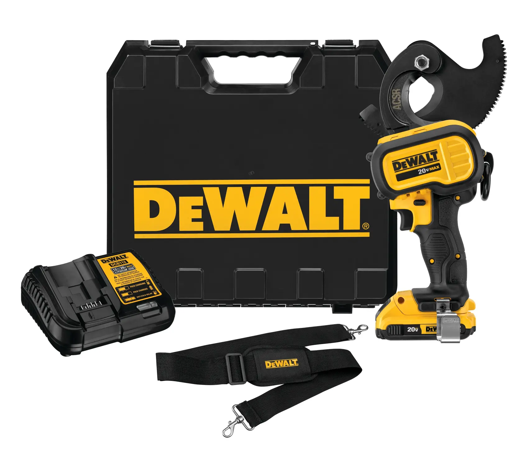 A DEWALT tool set including a cordless ratchet cutter, a hard carrying case, a battery charger, and a shoulder strap, all in black and yellow colors.