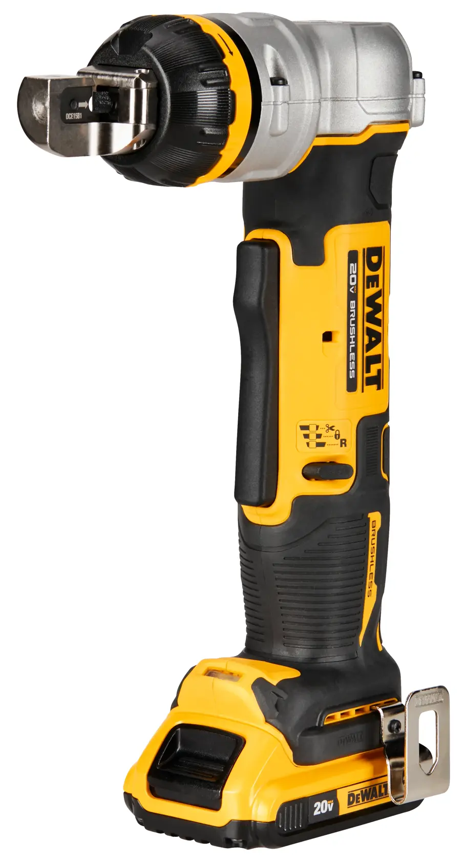 A DEWALT 20V cordless brushless cable stripper tool, featuring a yellow and black design and ergonomic handle.
