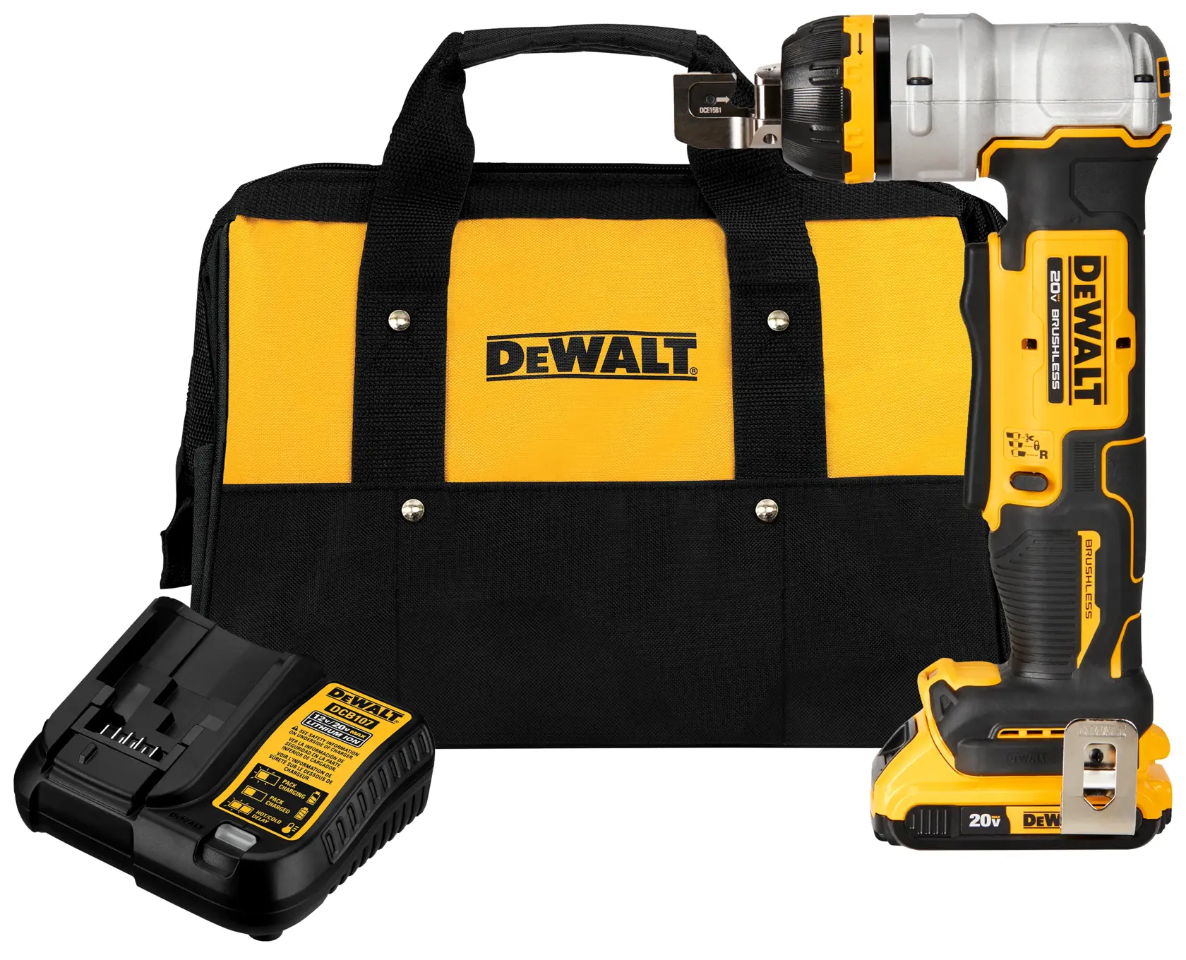 A DEWALT tool kit featuring a yellow and black carrying bag, a cordless drill, and a battery charger.