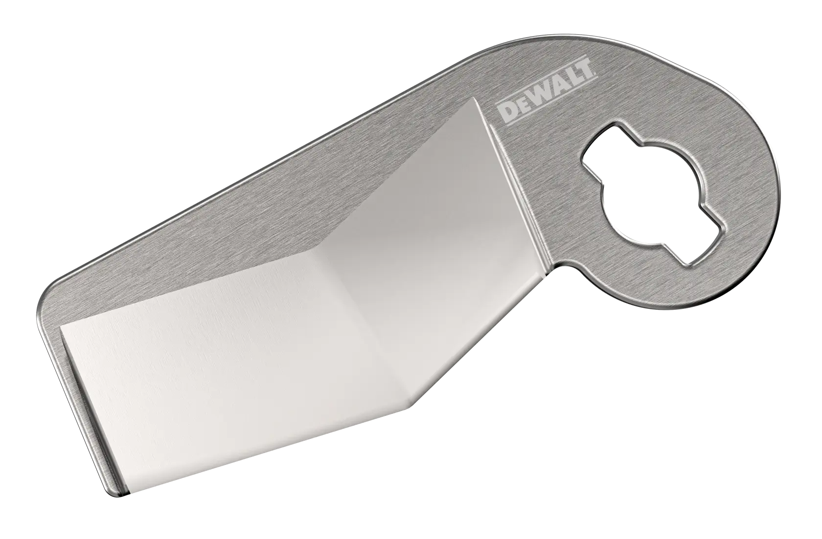 A close-up image of a DEWALT branded metal tool attachment with a flat blade and a round hole for mounting, designed for use with power tools.