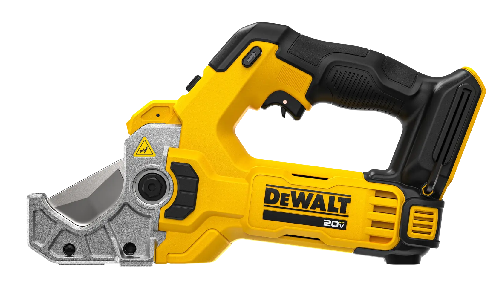 A yellow and black DEWALT 20V cordless cable cutter tool with an ergonomic handle and metal cutting jaw, designed for cutting electrical cables.