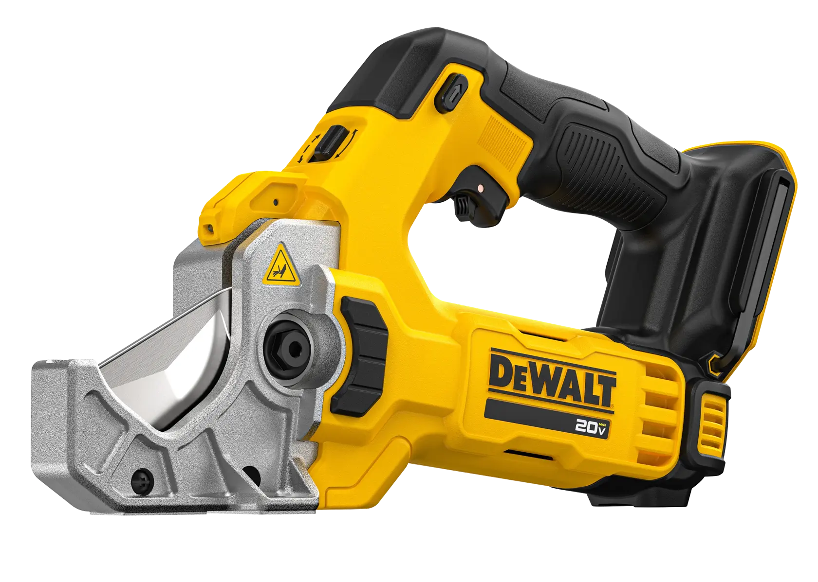A DEWALT branded yellow and black cordless pipe cutter with a metal cutting blade and ergonomic handle, suitable for cutting pipes and tubes.