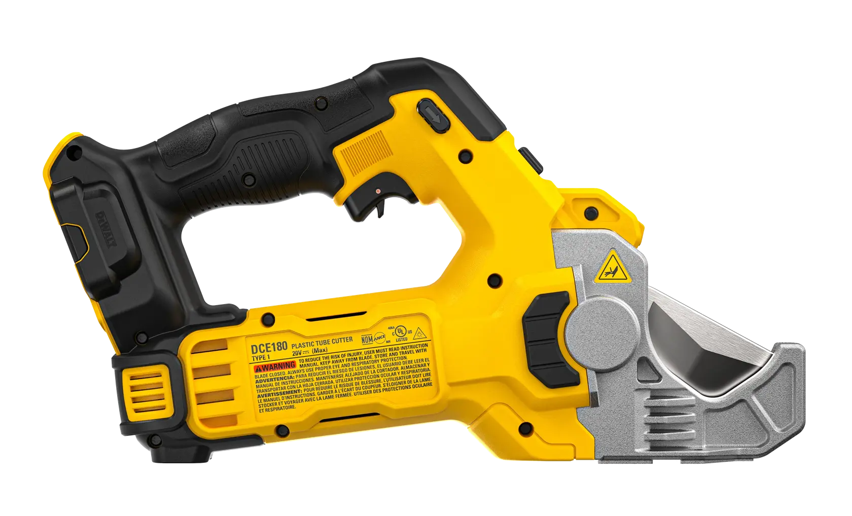 A yellow and black DEWALT cordless plastic tube cutter with a metal cutting head, ergonomic handle, and visible product label on the side.