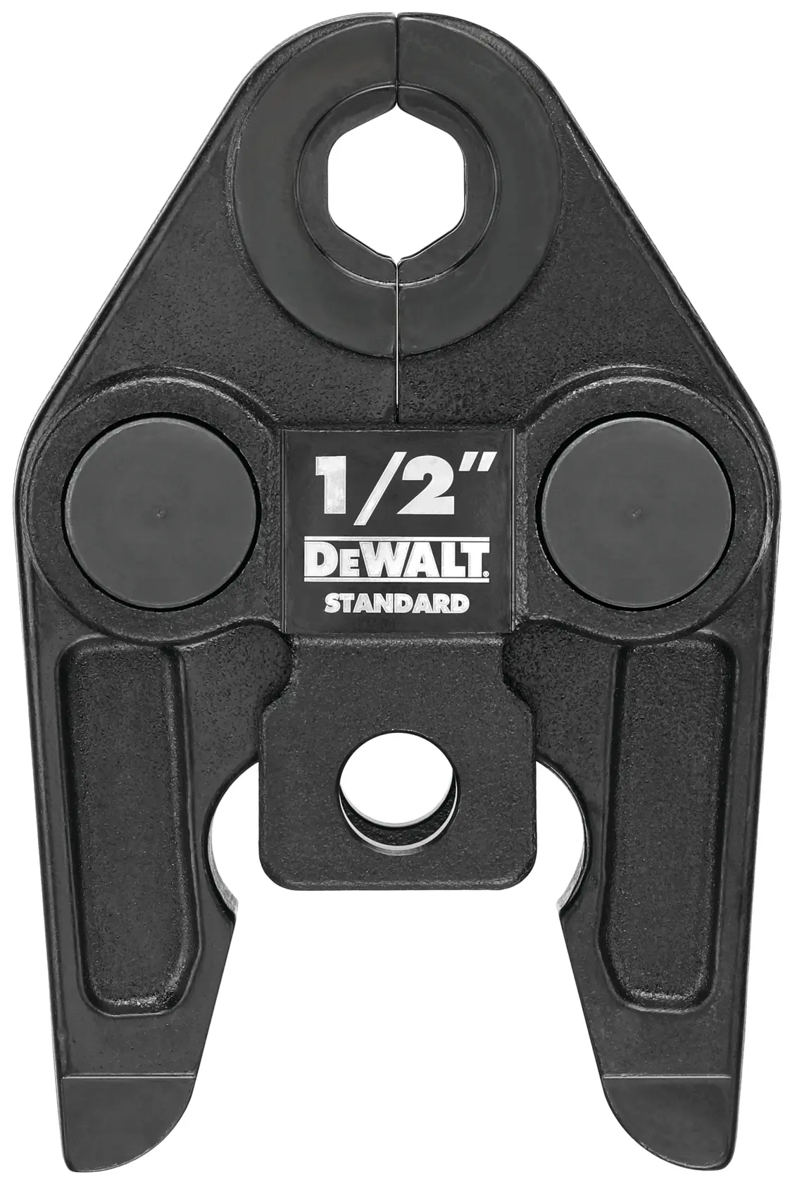 A DEWALT 1/2 inch standard press tool jaw attachment, black in color, designed for pipe fitting.