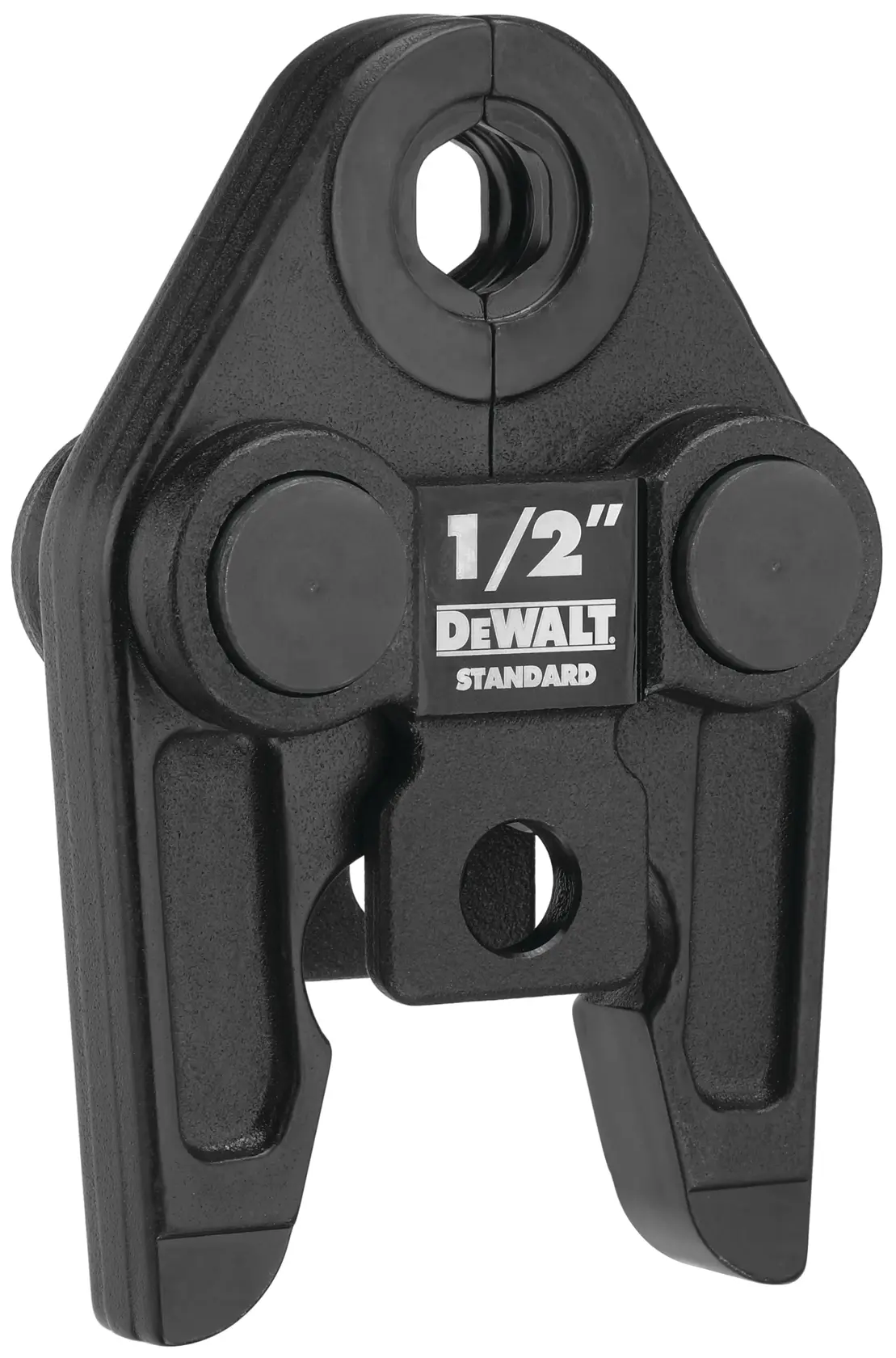 A close-up view of a DEWALT 1/2 inch standard press jaw attachment, used for pipe fitting and compatible with DEWALT tools. The tool is black and has clear labeling indicating its size and brand.