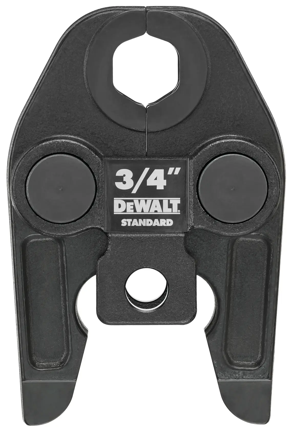 Front view of a DEWALT 3/4 inch standard pipe press jaw attachment, used for crimping pipes in plumbing installations.