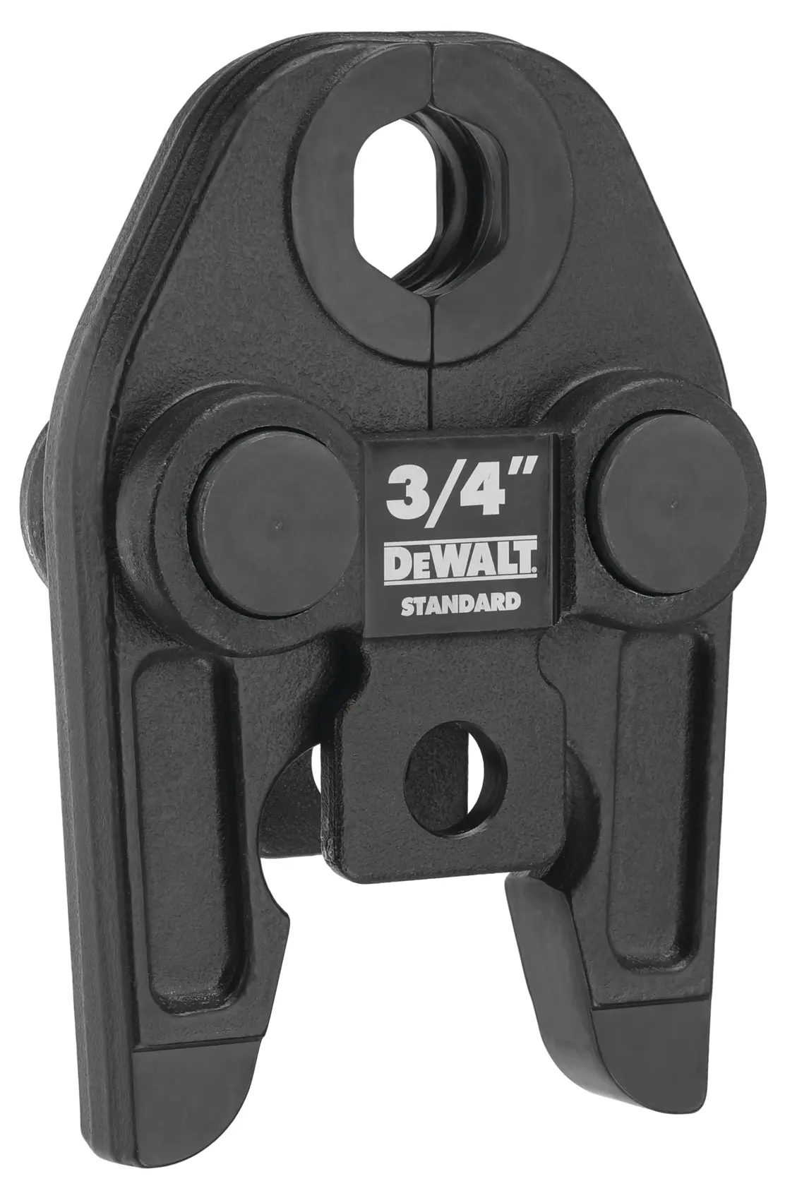 Close-up image of a DEWALT STANDARD 3/4-inch press tool jaw attachment, designed for mechanical pipe connections. The tool is black and has visible labeling in the center.
