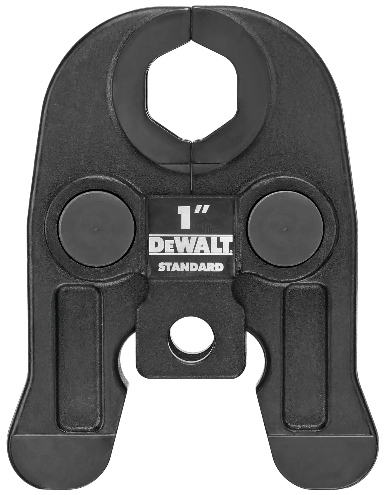 A close-up image of a DEWALT 1-inch standard press tool jaw, used for crimping pipes and fittings. The tool is black and features the DEWALT logo and size marking in the center.