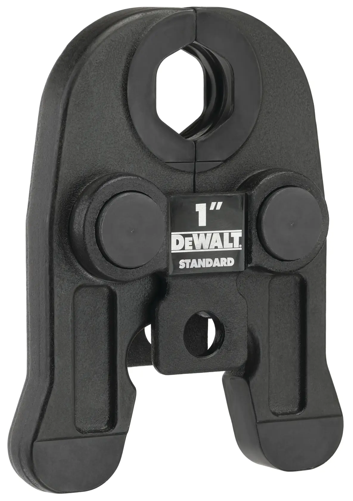 A close-up image of a DEWALT 1-inch standard pressing jaw tool, primarily black in color, used for pipe or tubing connections in mechanical and plumbing applications.