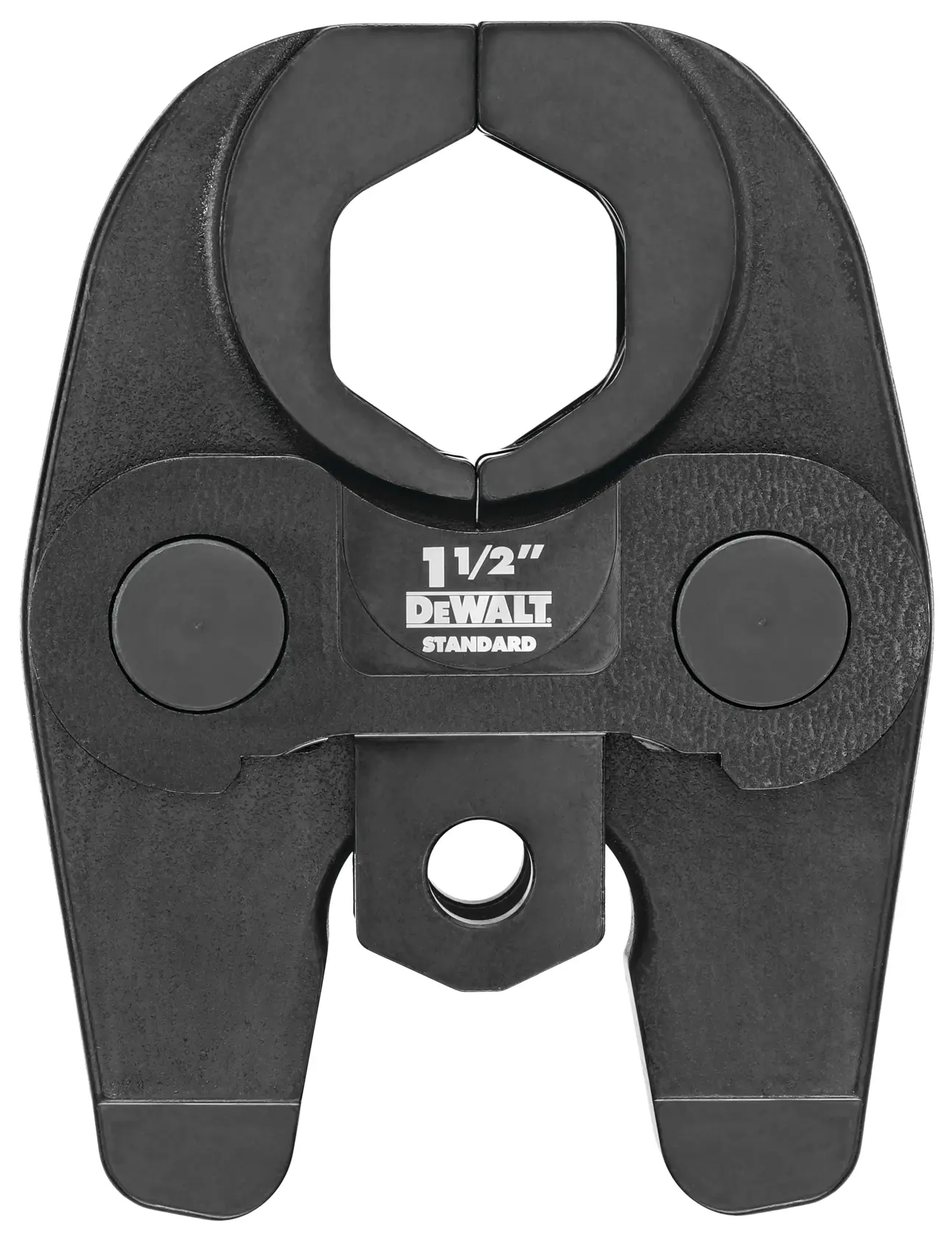A DEWALT standard 1/2-inch pipe crimping jaw attachment, black in color, used for plumbing and pipe fitting applications.