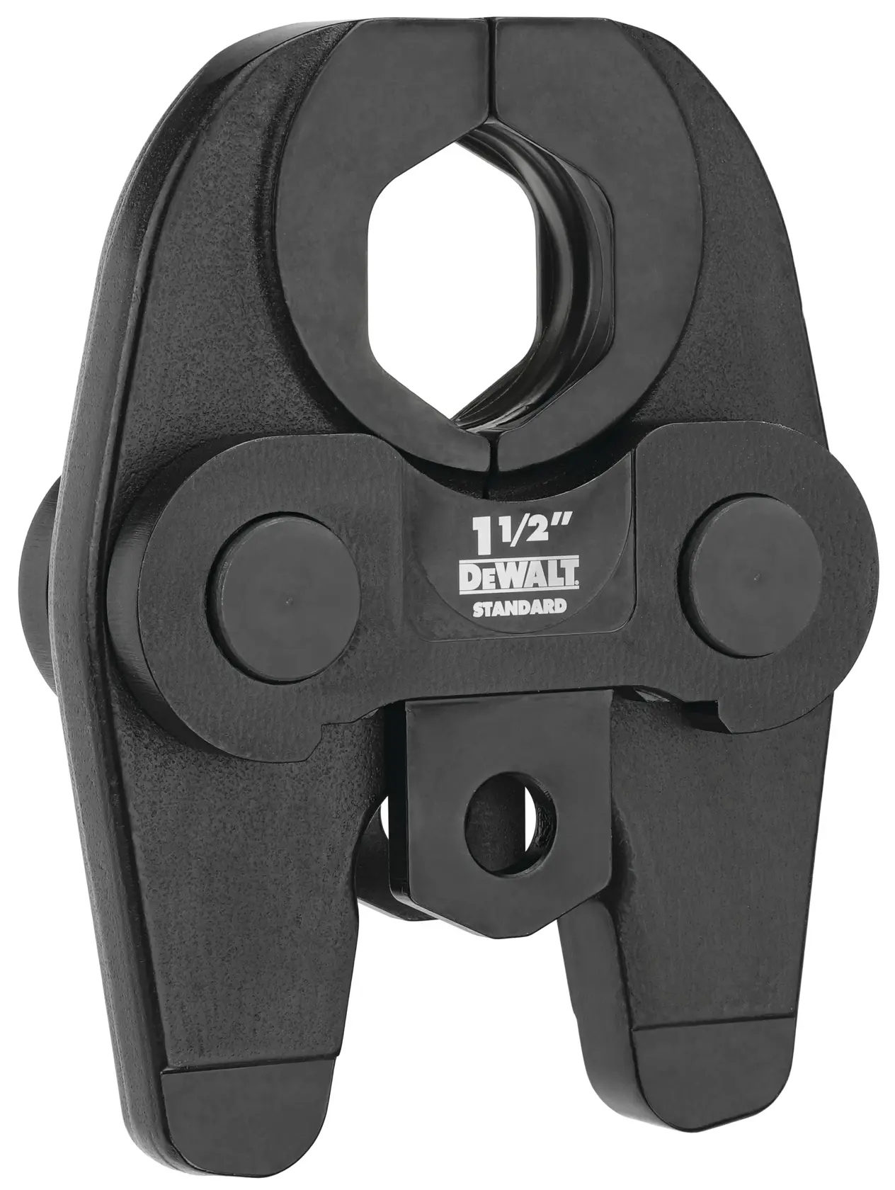 A DEWALT 1-1/2 inch standard press tool jaw attachment, used for pipe pressing and fitting applications.