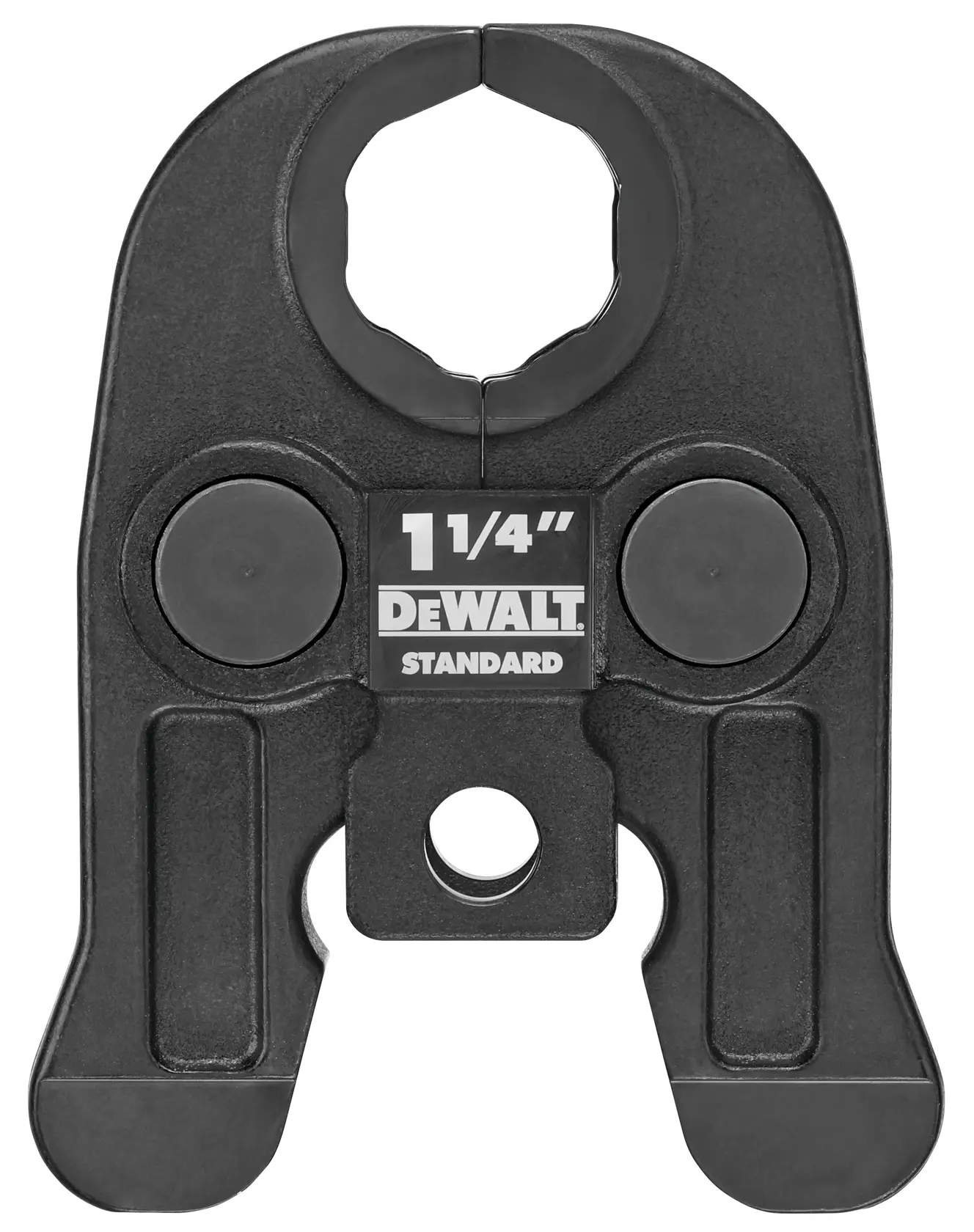 A close-up image of a black DEWALT 1-1/4 inch standard pipe press jaw tool, used for crimping or pressing pipe fittings.