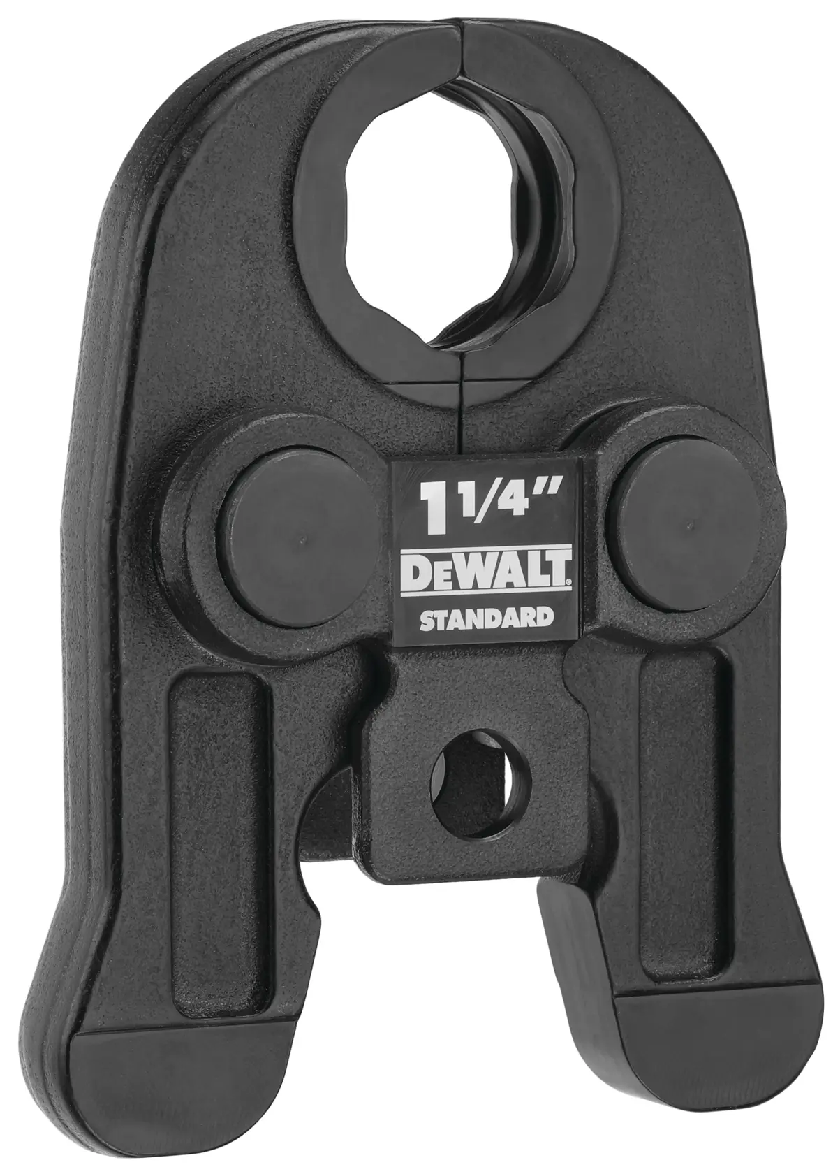 A DEWALT 1 1/4 inch standard black metal press tool jaw attachment, used for pipe fitting and crimping.
