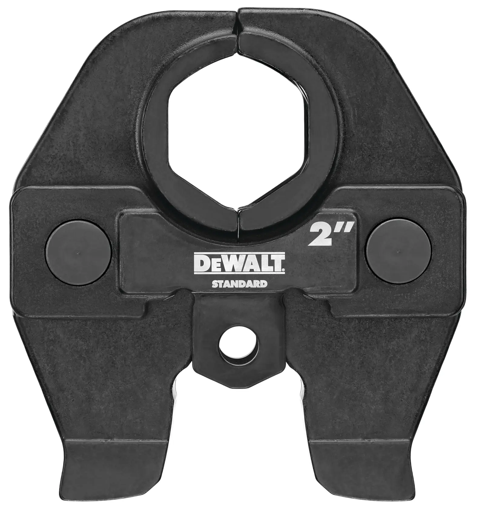 A DEWALT 2-inch standard pipe pressing jaw, used for pressing fittings onto pipes in plumbing and mechanical applications. The jaw is black and has DEWALT branding in white on the front.