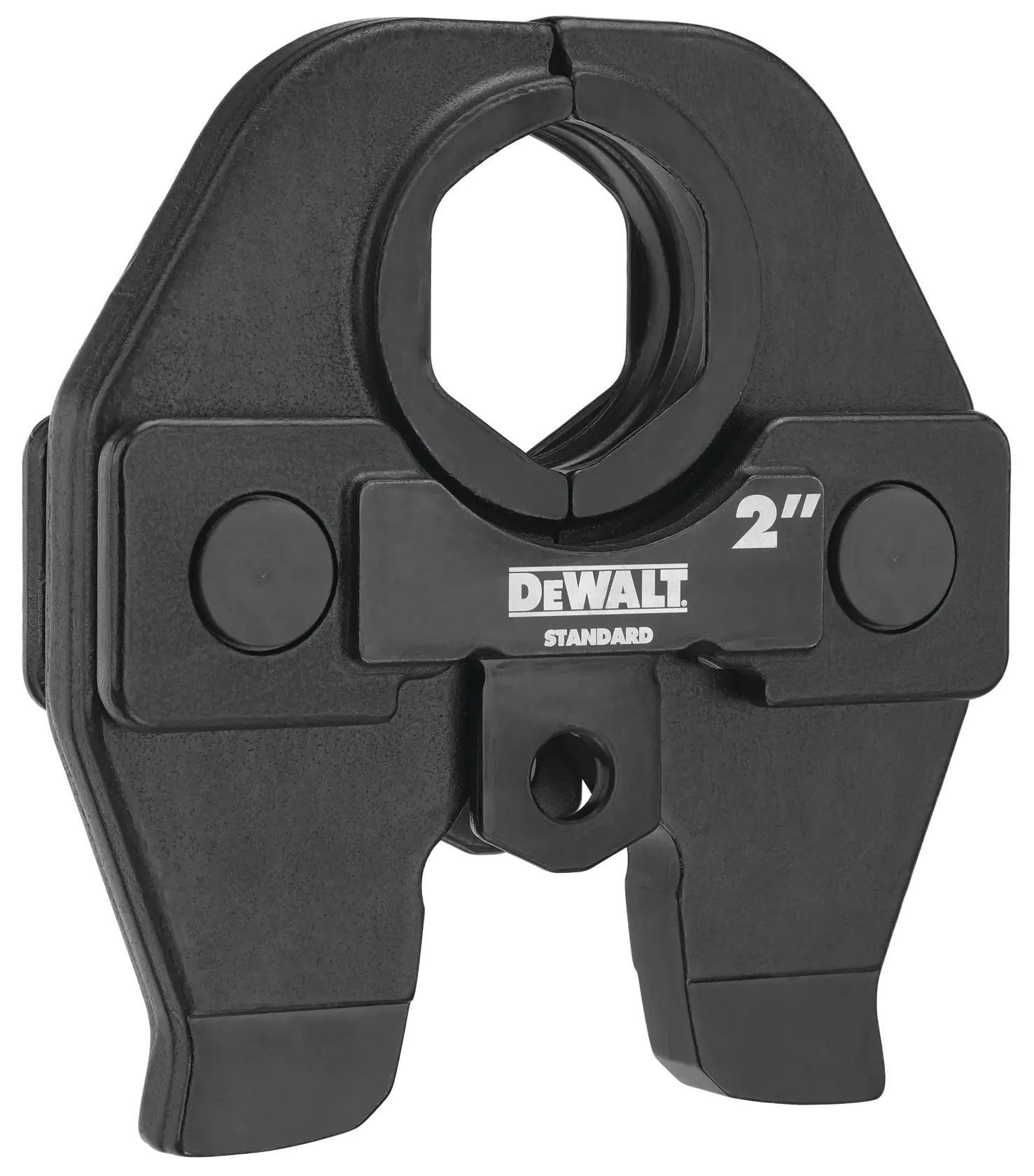 A close-up image of a DEWALT 2-inch standard pressing jaw tool, used for pipe connections. The tool is black and features the DEWALT logo and size marking '2'' on the front.