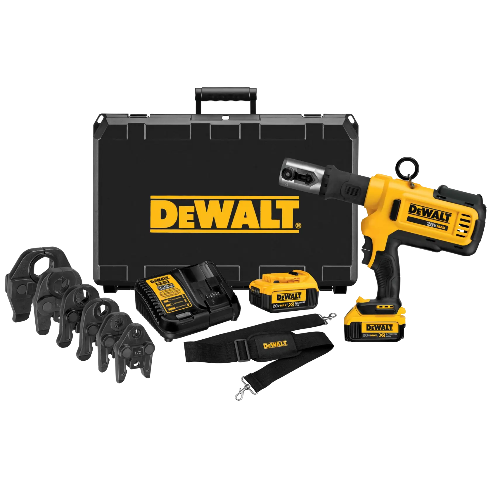 A DEWALT cordless press tool kit, including a yellow and black press tool, a hard carrying case with the DEWALT logo, multiple press tool jaws, two batteries, a charger, and a strap, all arranged neatly on a white background.