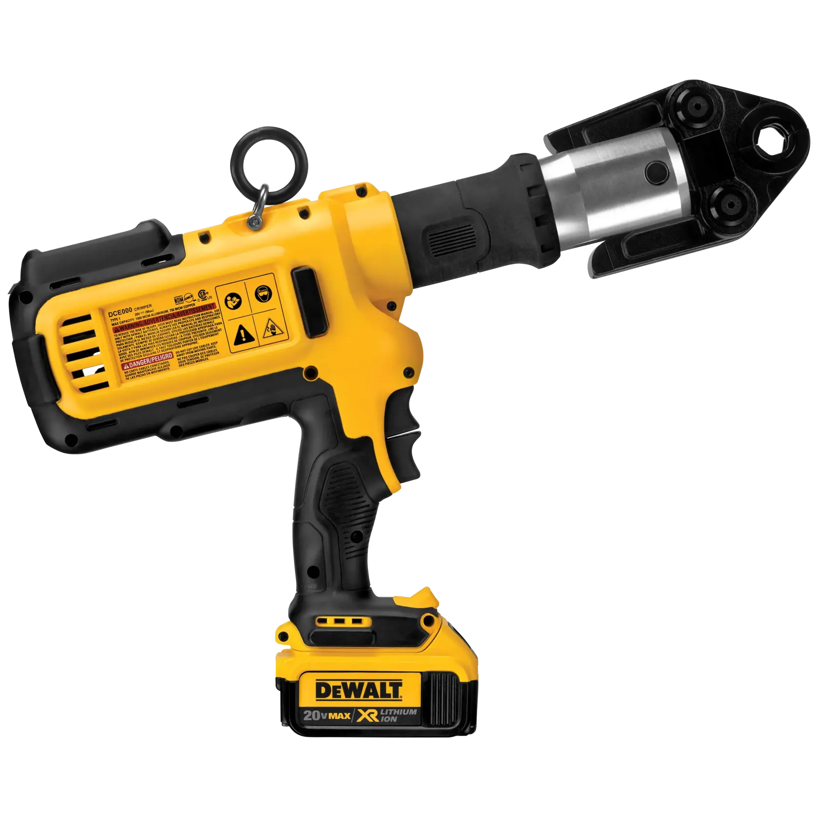 A DEWALT DCE200M2K cordless hydraulic crimping tool with a yellow and black body, used for electrical and industrial applications. The tool features a trigger handle, attached battery pack, and metal jaw for crimping.