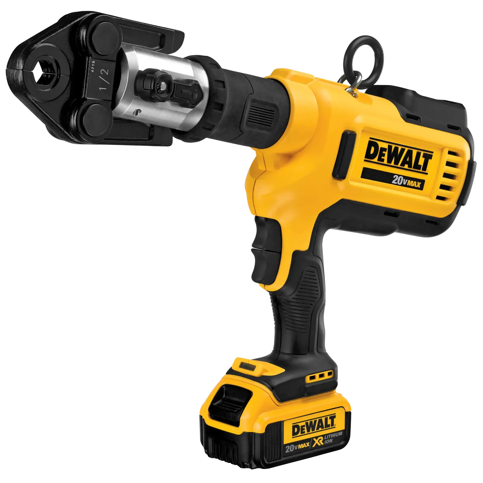 A yellow and black DEWALT 20V MAX battery-powered crimping tool, featuring a handle, trigger, rechargeable battery, and crimping head attachment.