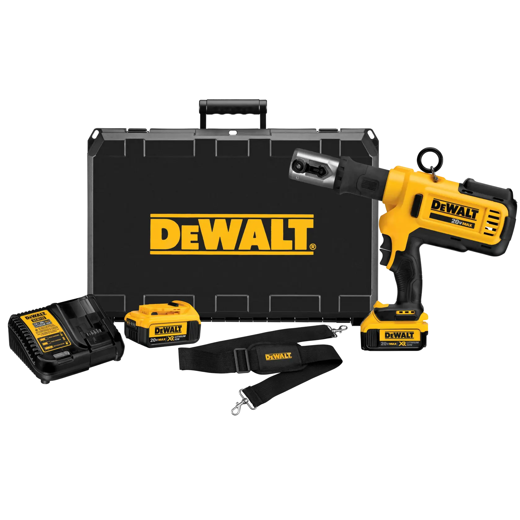 A DEWALT DCE200M2 wireless tool set including a yellow and black power tool, battery charger, two batteries, a DEWALT branded carrying case, and a strap.