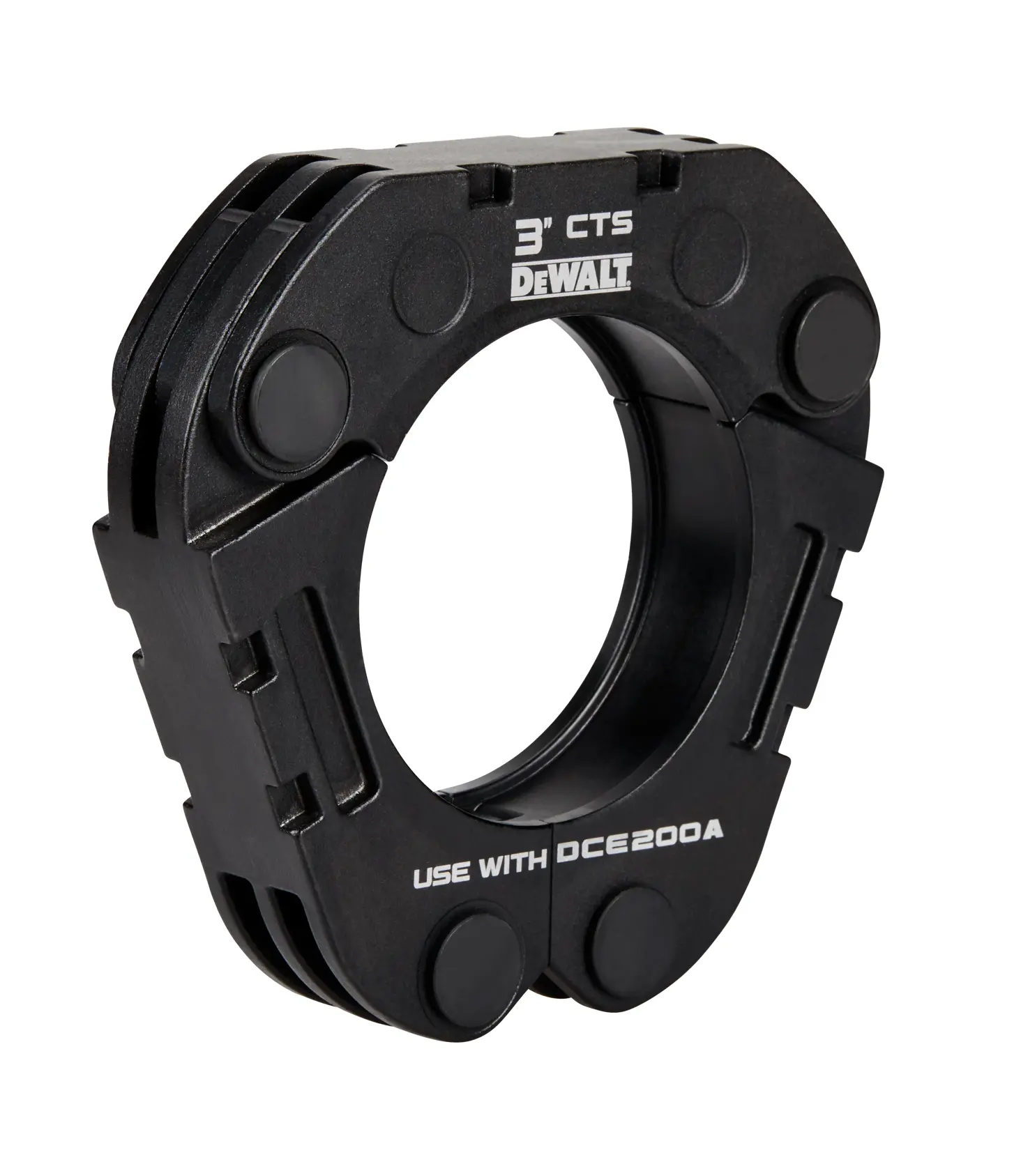 A black DEWALT 3-inch CTS tool attachment with a circular center opening, labeled 'USE WITH DCE200A'.