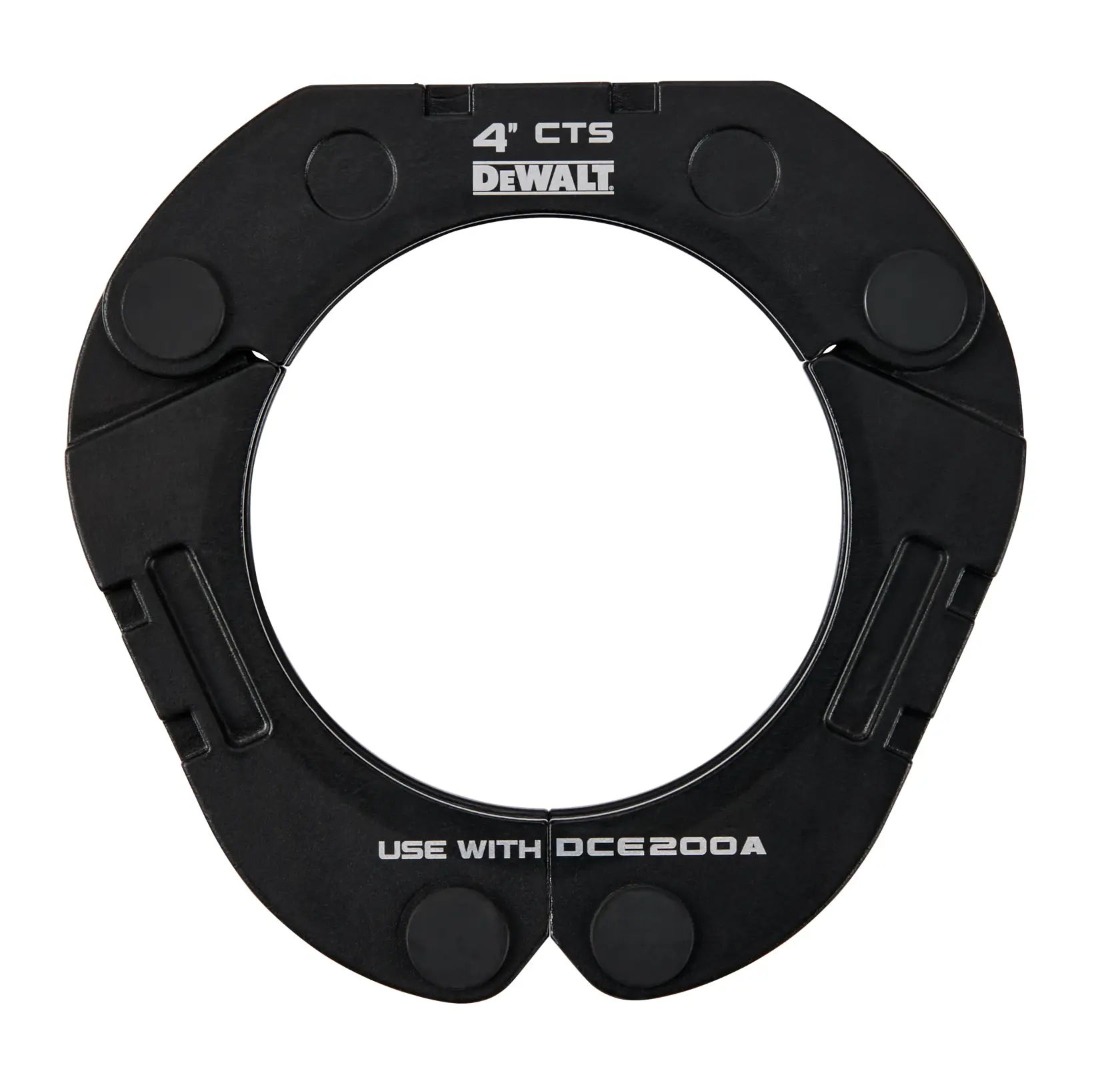 A black circular DEWALT 4-inch CTS clamp accessory with white labeling that reads 'USE WITH DCE200A', designed for use with compatible photography equipment.