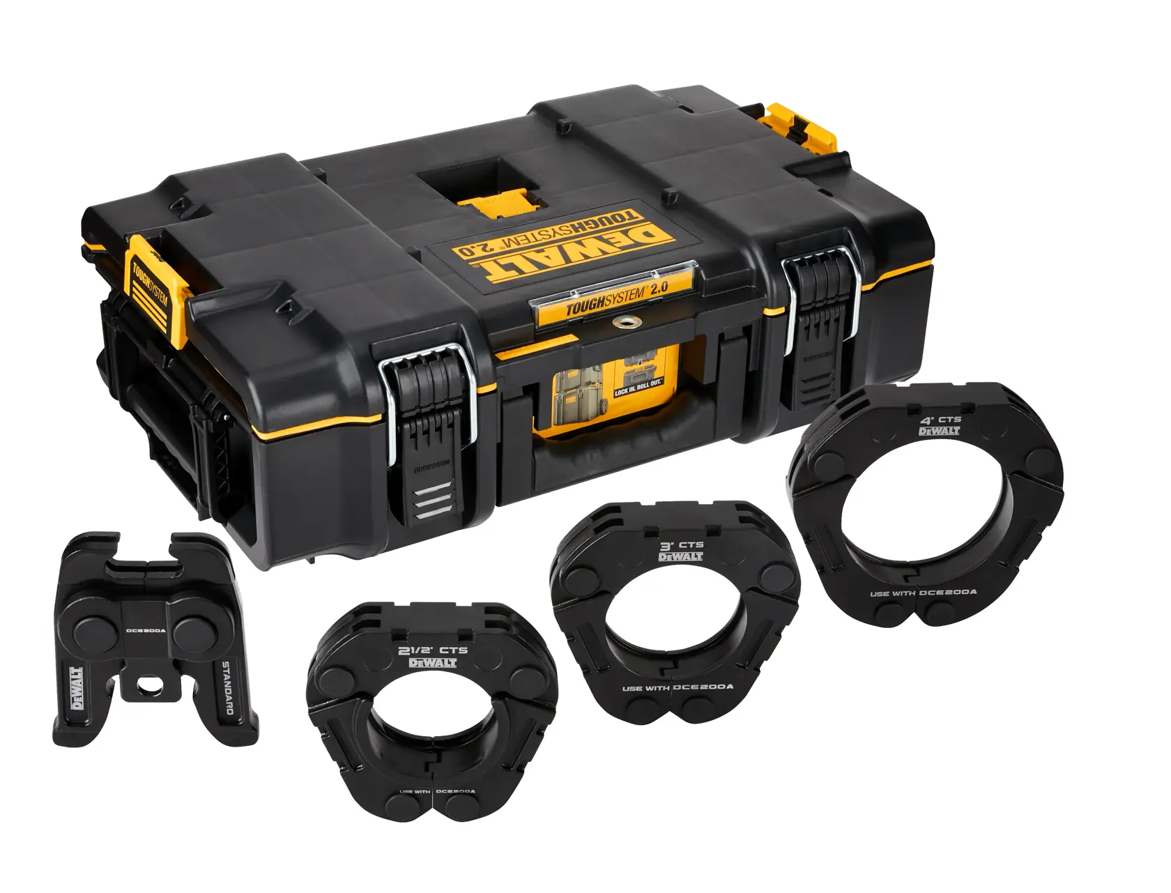 A DEWALT ToughSystem 2.0 black and yellow tool storage box is pictured with four metal pipe press jaw attachments of various sizes, laid out in front of it. The items are used for pipe pressing and storage.