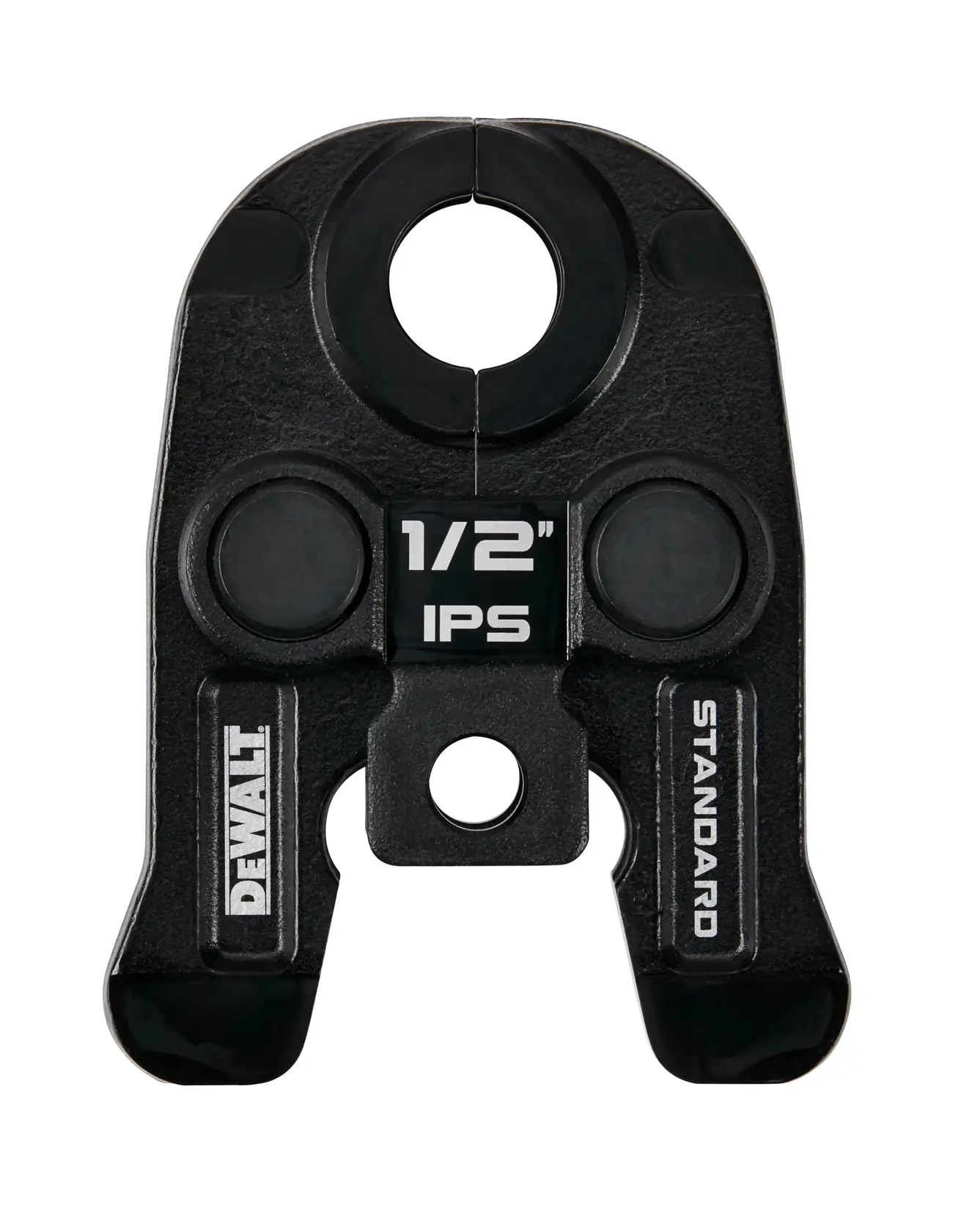 Close-up image of a DEWALT 1/2 inch IPS standard pipe press jaw, showing the black tool with marked text indicating its specifications.