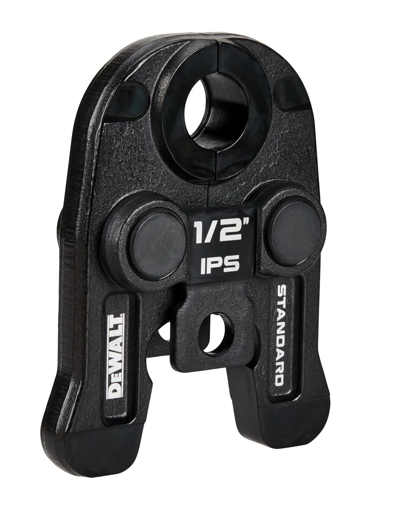 DEWALT branded 1/2 inch IPS standard press jaw tool, used for pipe fitting and plumbing applications. The tool is black and features the DEWALT logo and size specifications on its body.