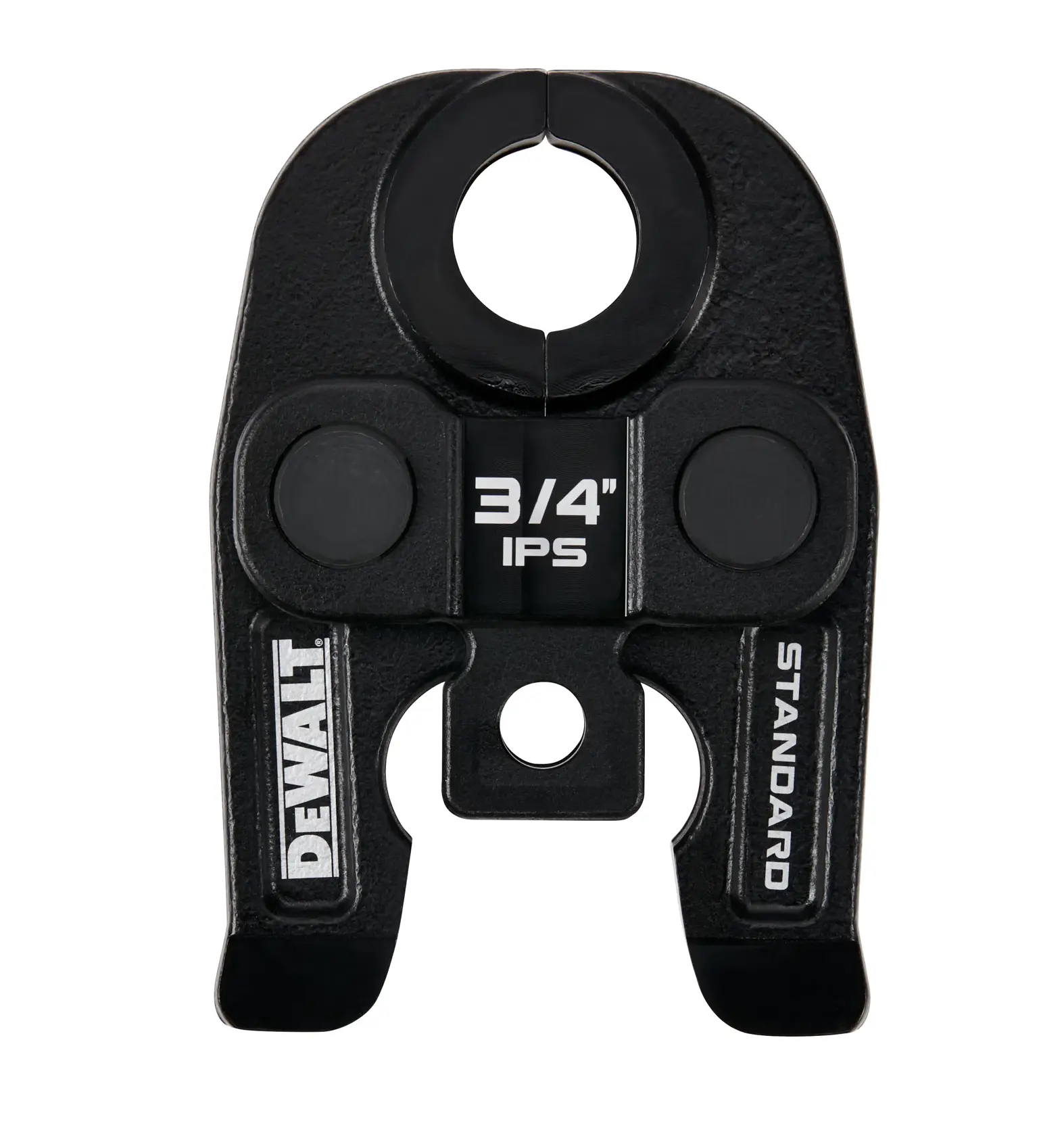 Close-up image of a DEWALT 3/4 inch IPS standard pressing jaw, used in pipe fitting applications.