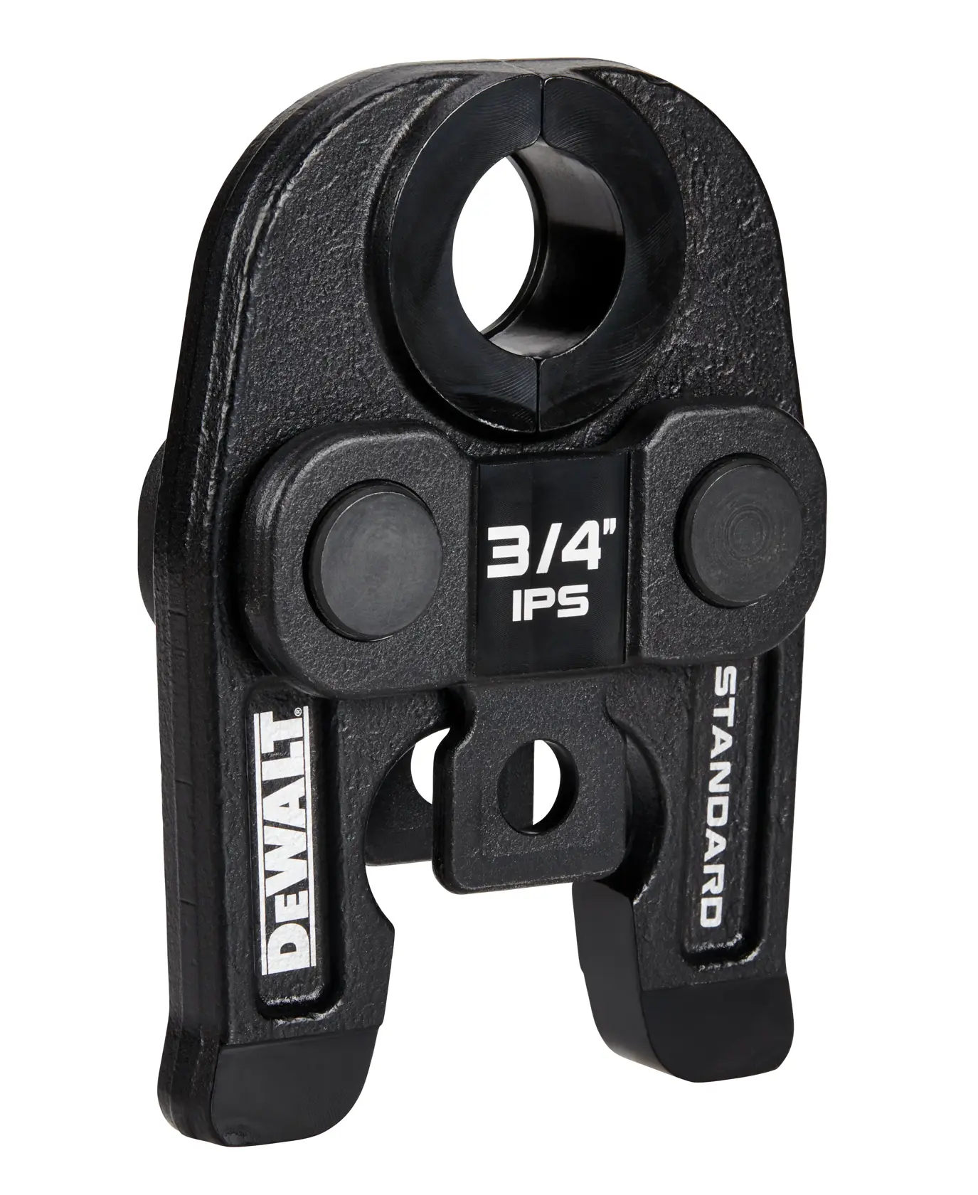 A black DEWALT 3/4 inch IPS standard crimping jaw tool used for pipe or tubing installation. The tool is made of metal and features DEWALT branding and size details on the front.