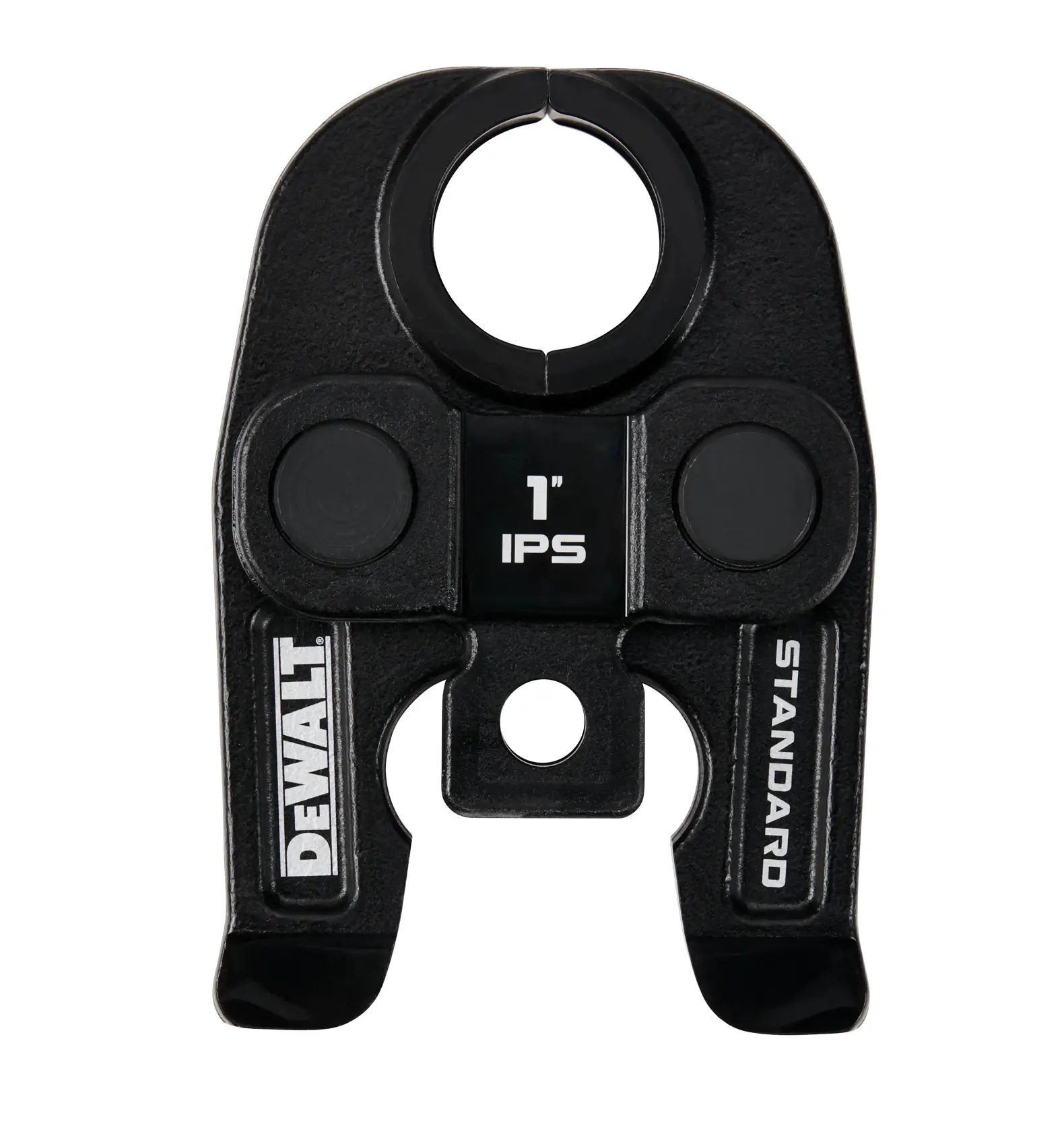 Front view of a DEWALT 1-inch IPS standard pipe crimping jaw attachment, designed for use with compatible pipe crimping tools.