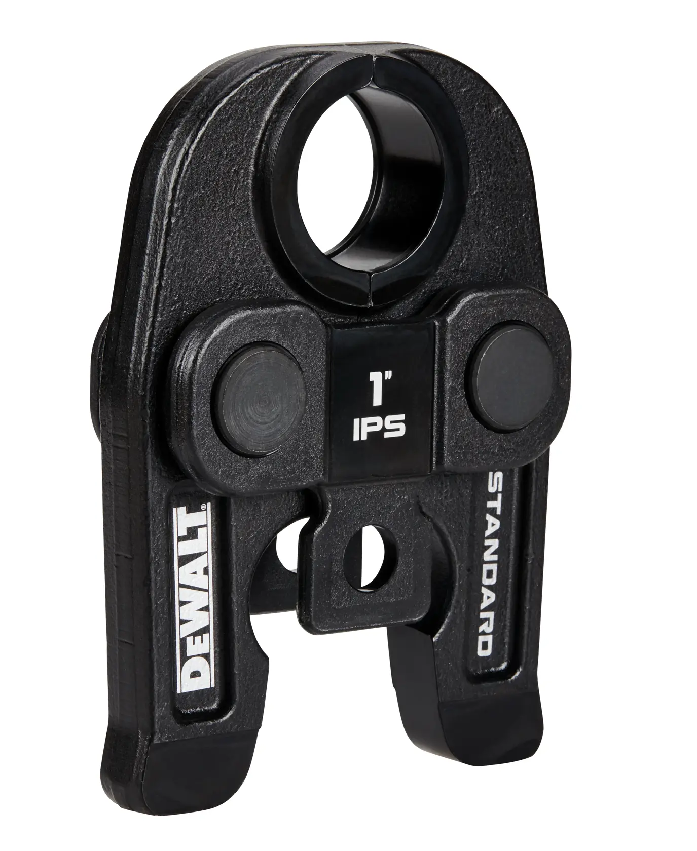A DEWALT branded black pipe crimping jaw attachment for photography, labeled with '1" IPS' and 'STANDARD' markings.