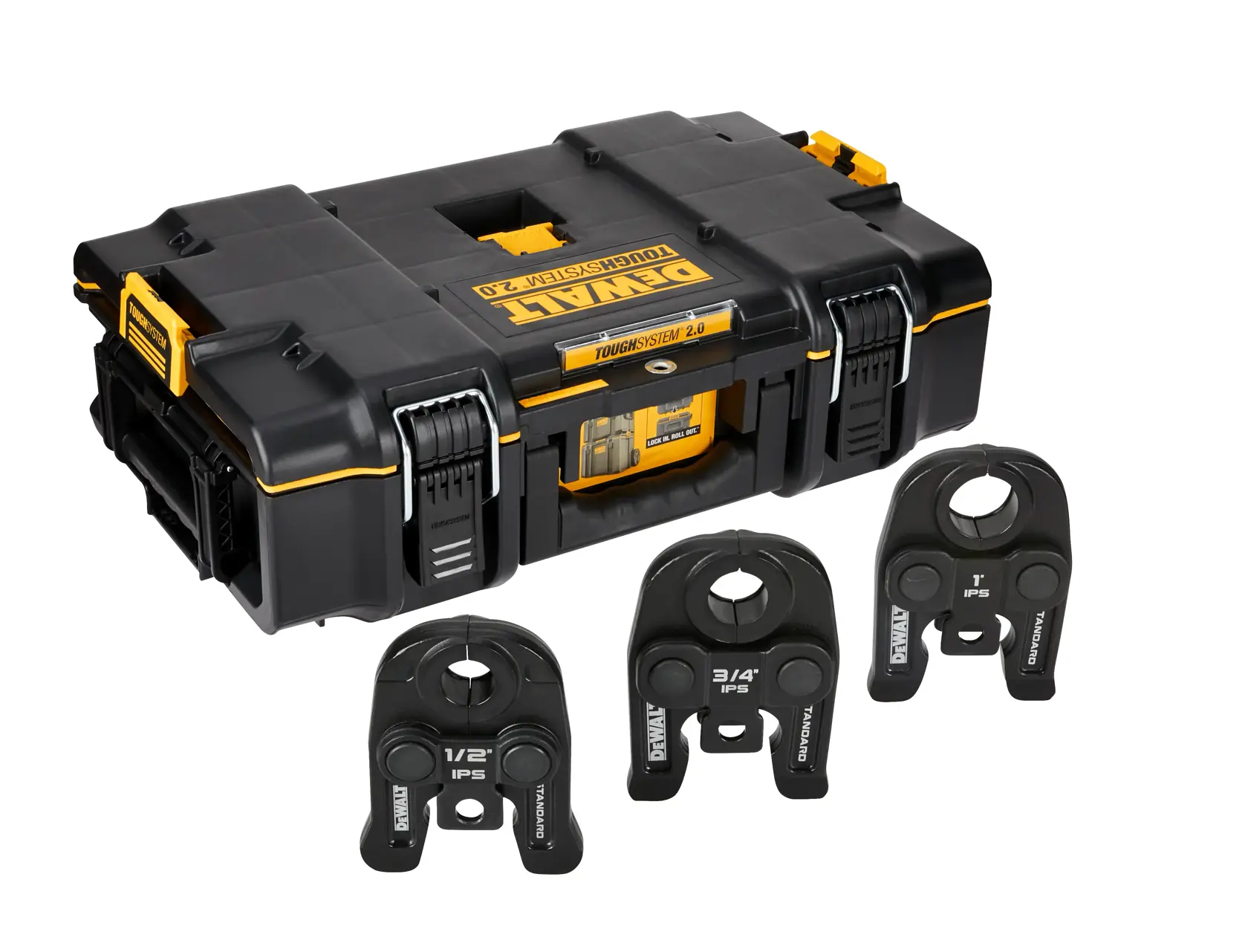 A DEWALT ToughSystem 2.0 black and yellow storage case, shown with three interchangeable pressing tool jaws labeled 1/2 inch, 3/4 inch, and 1 inch IPS arranged in front of it.