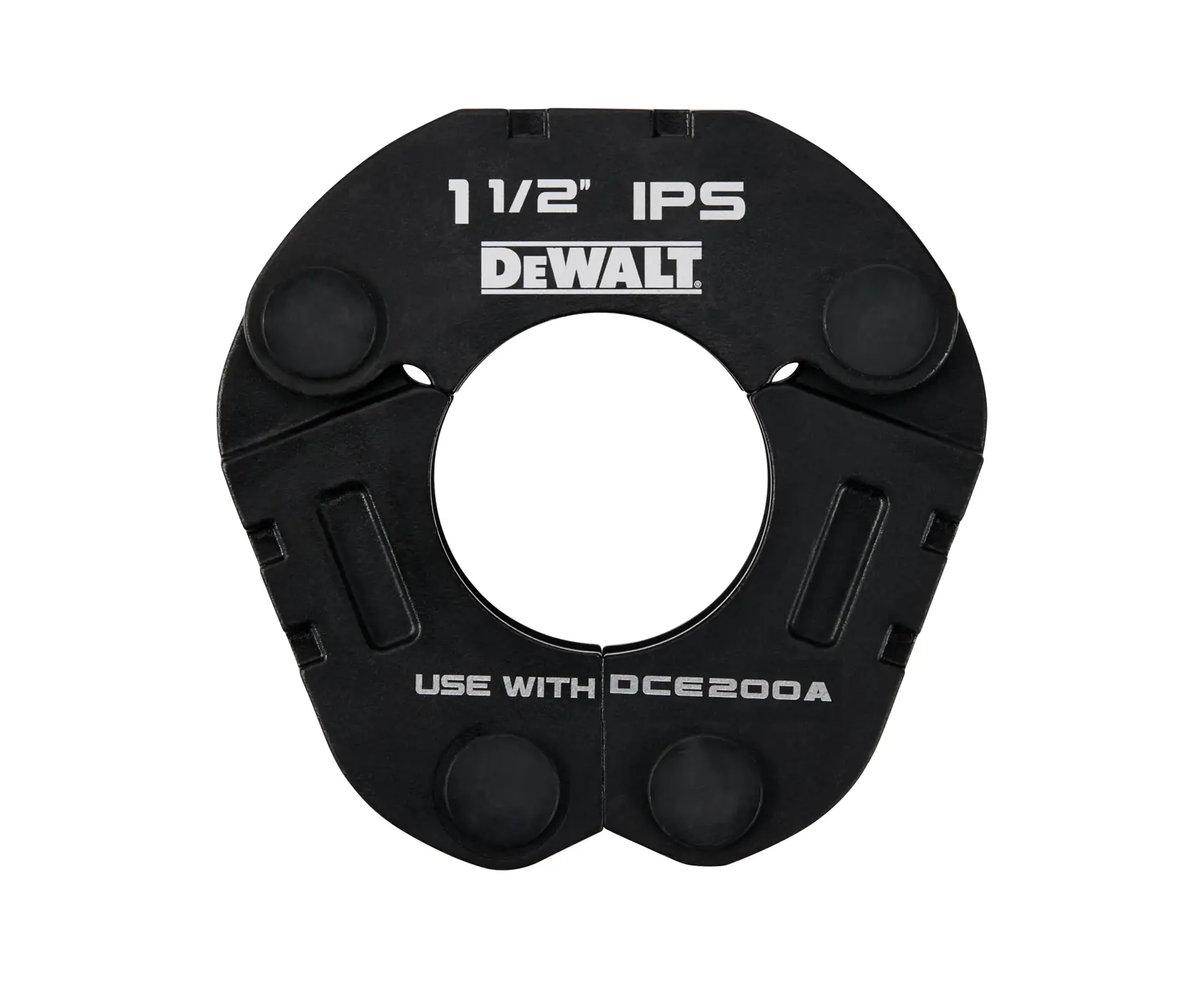 A DEWALT 1 1/2 inch IPS pipe die accessory, black in color, labeled for use with DCE200A tool.