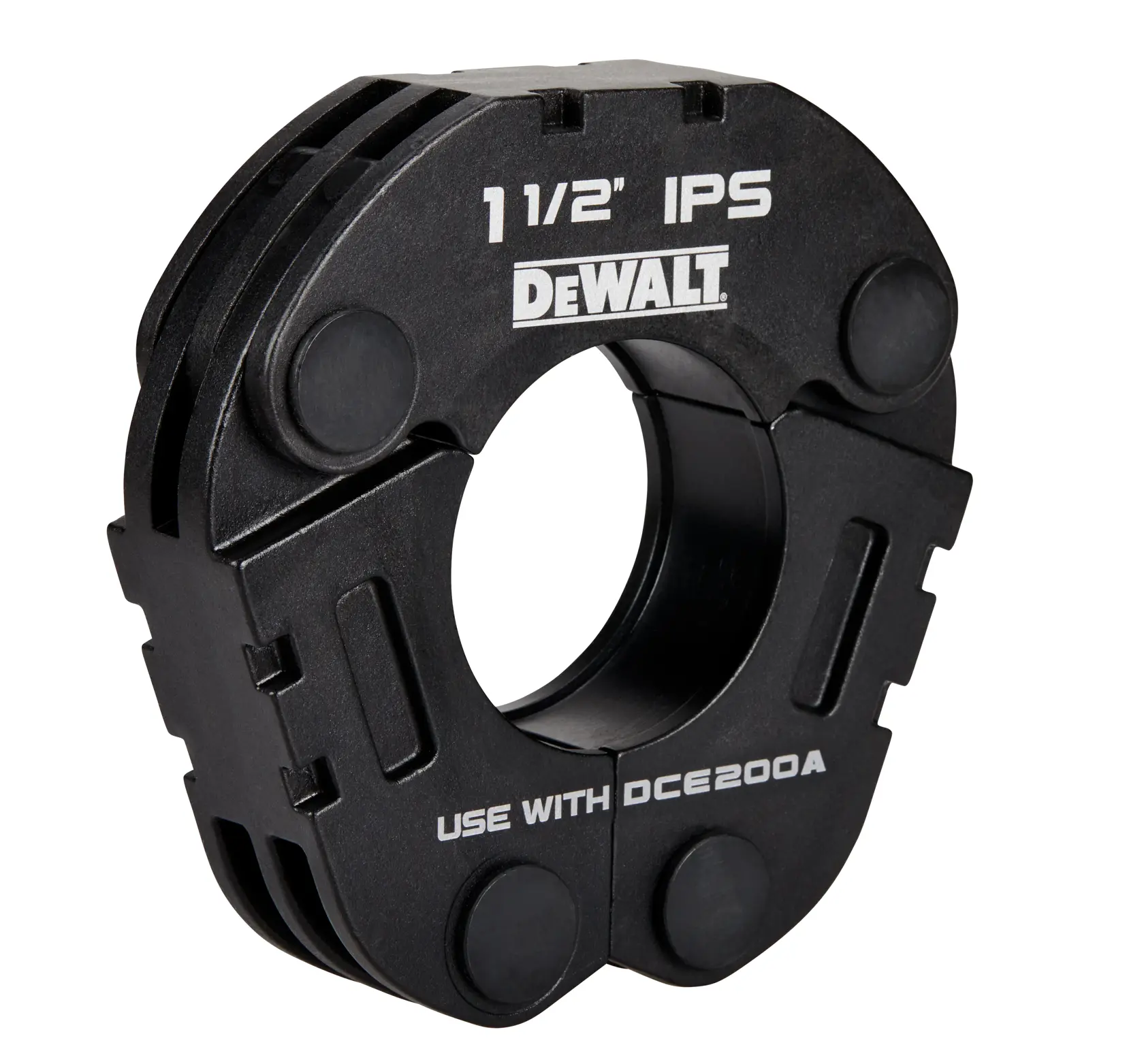 A DEWALT-branded black pipe fitting tool labeled '1 1/2'' IPS' and 'USE WITH DCE200A,' designed for photography and plumbing applications.