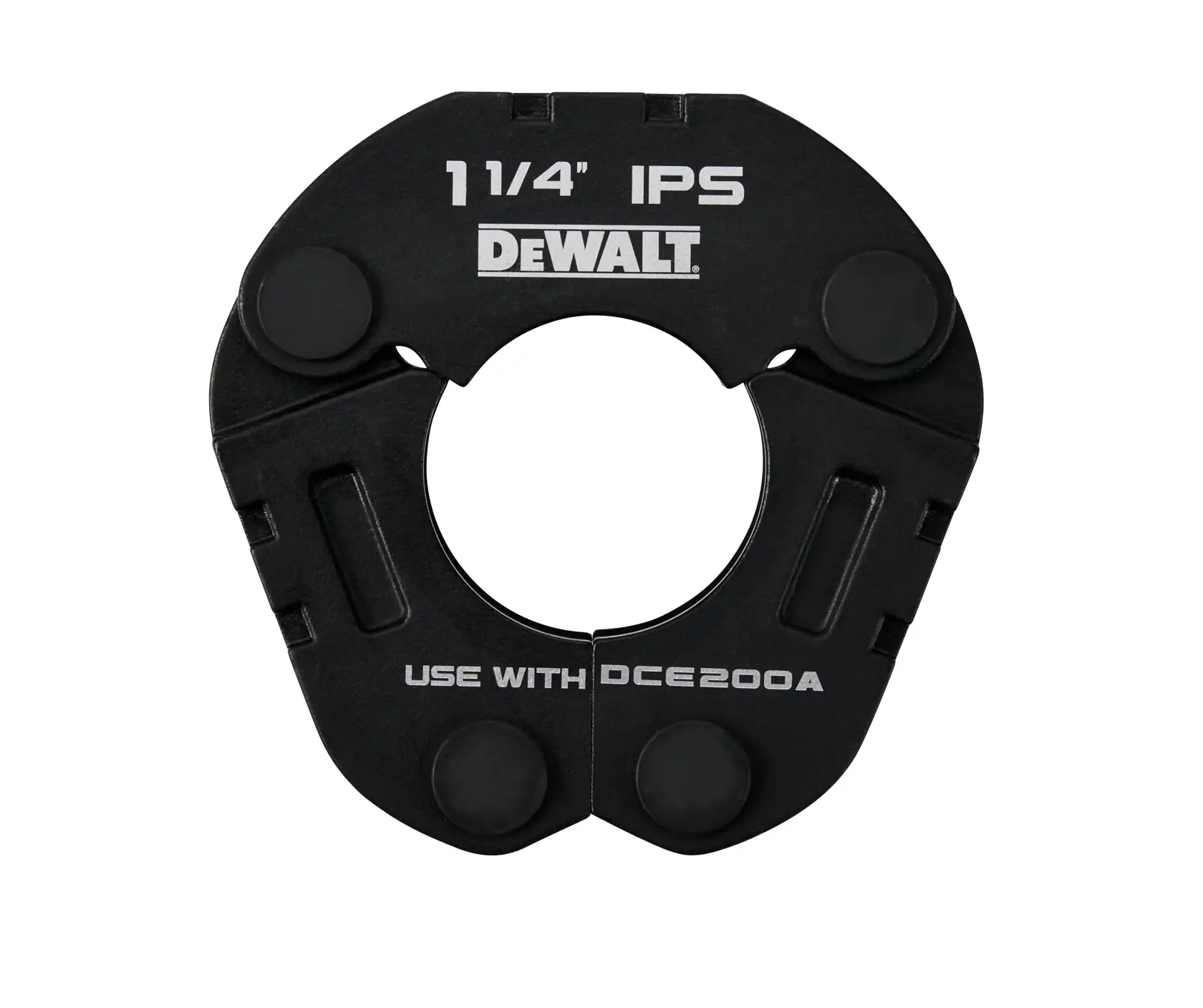 A DEWALT branded pipe pressing jaw for 1 1/4 inch IPS pipes, black circular tool with the text 'USE WITH DCE200A' printed on it.
