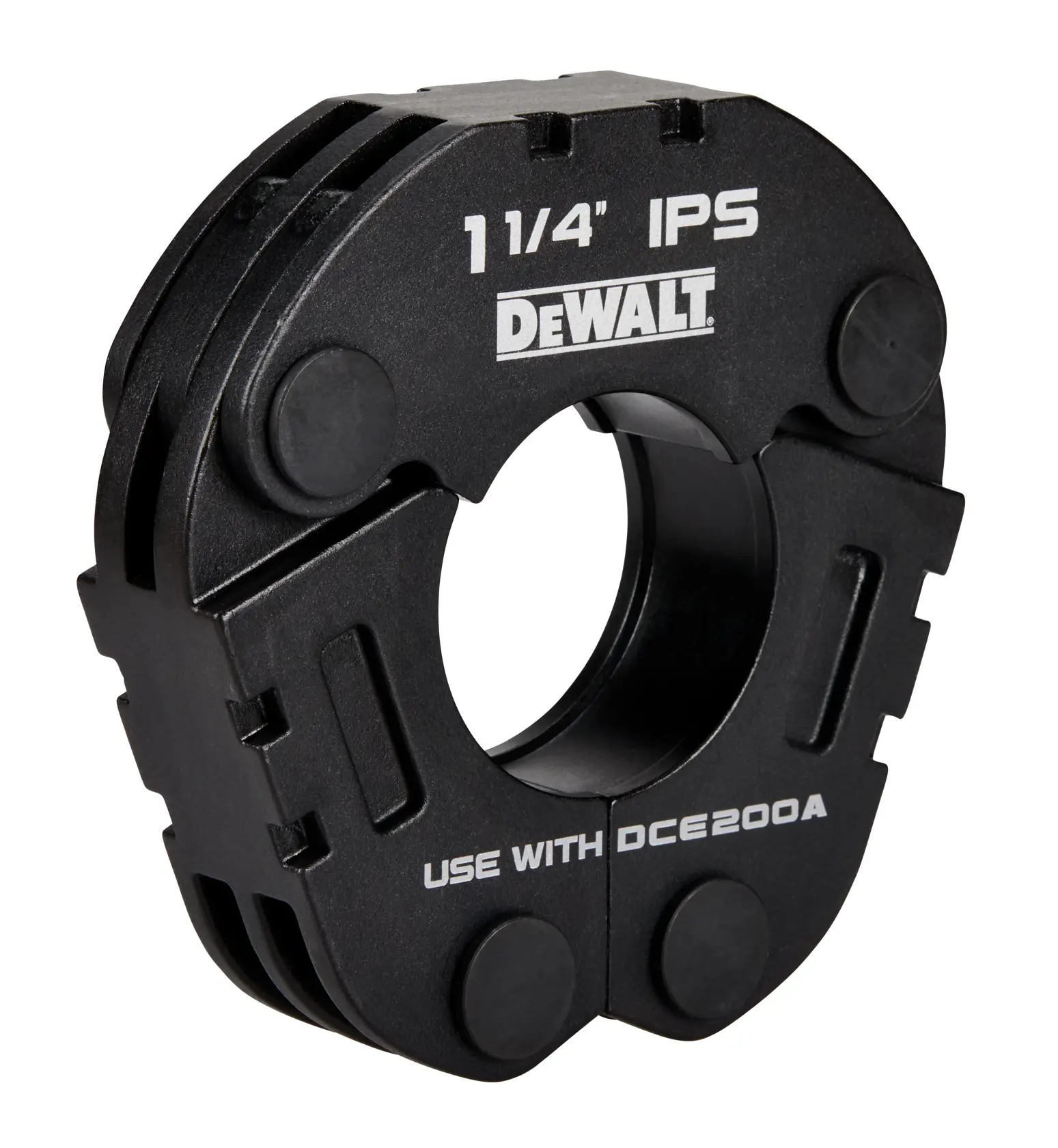 A black DEWALT 1 1/4 inch IPS tool attachment labeled 'USE WITH DCE200A.' The attachment has a circular opening in the center and is photographed against a white background.