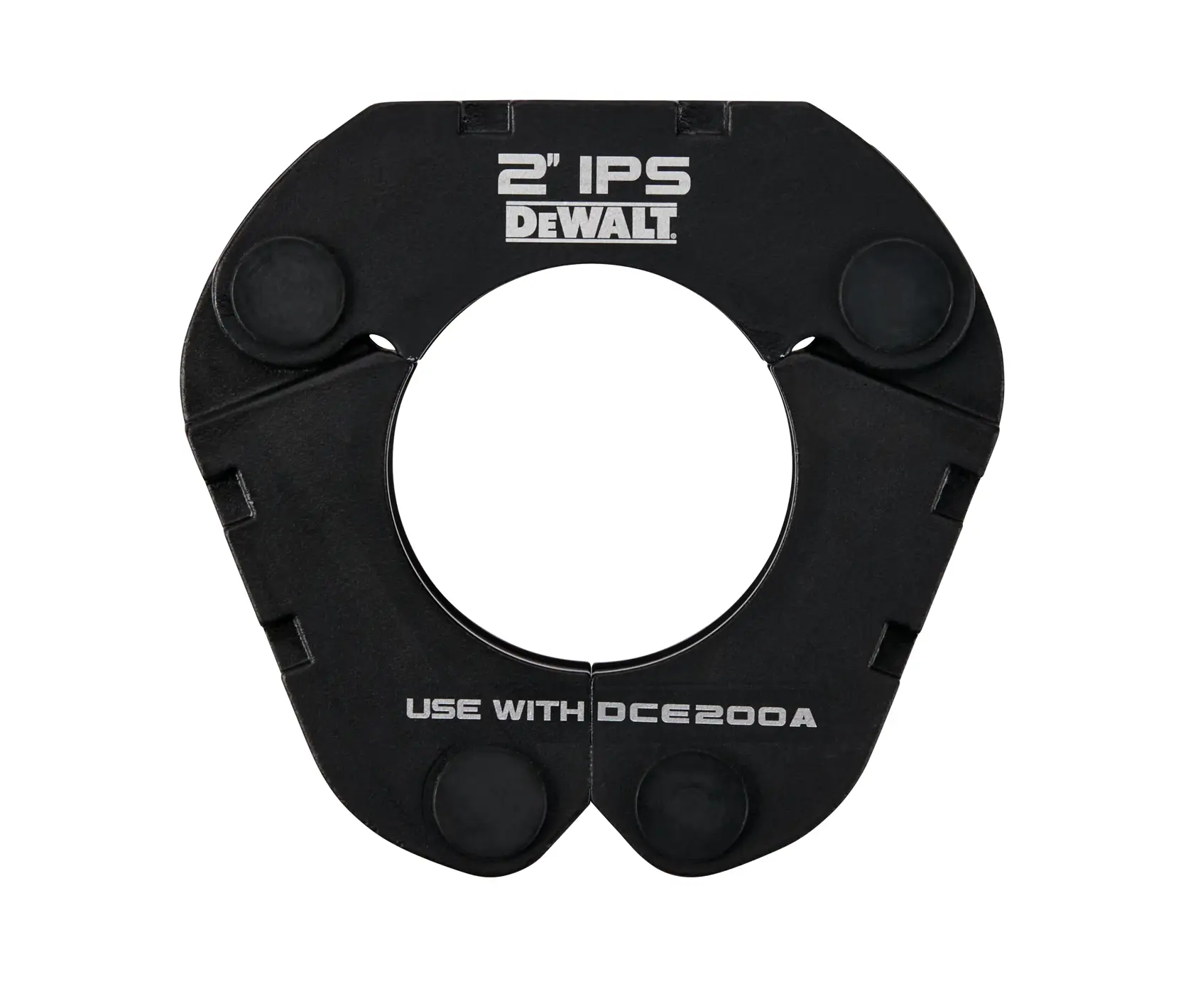 A DEWALT 2-inch IPS jaw accessory for use with the DCE200A tool, shown as a black triangular clamp with a circular opening in the center and labeled text indicating its specifications.