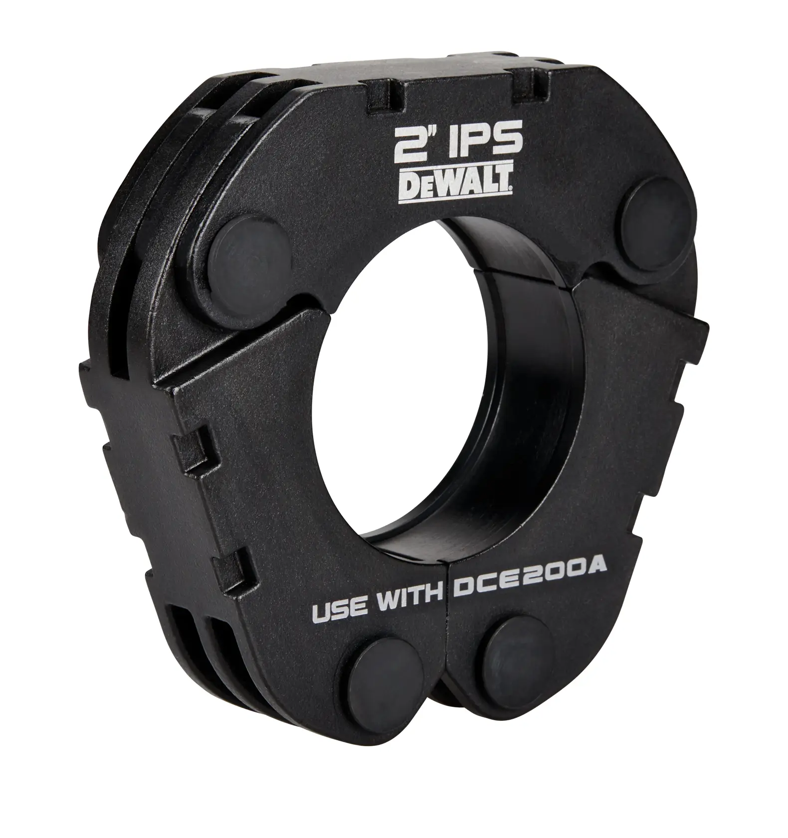 A DEWALT-branded black pipe tool labeled '2" IPS' and 'USE WITH DCE200A,' designed for use with compatible pipe equipment.