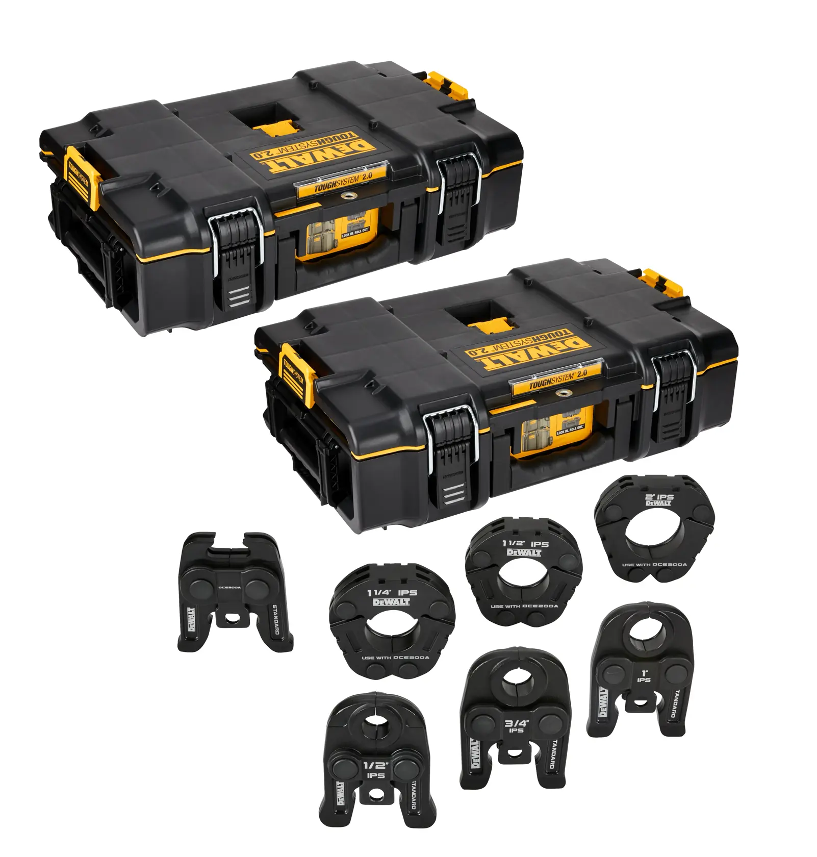 Two DEWALT ToughSystem storage cases are shown, each black with yellow accents and sturdy latches. In front of the cases are eight various black pipe pressing jaw attachments, each labeled with different pipe sizes. The set is organized for plumbing or pipe fitting applications.